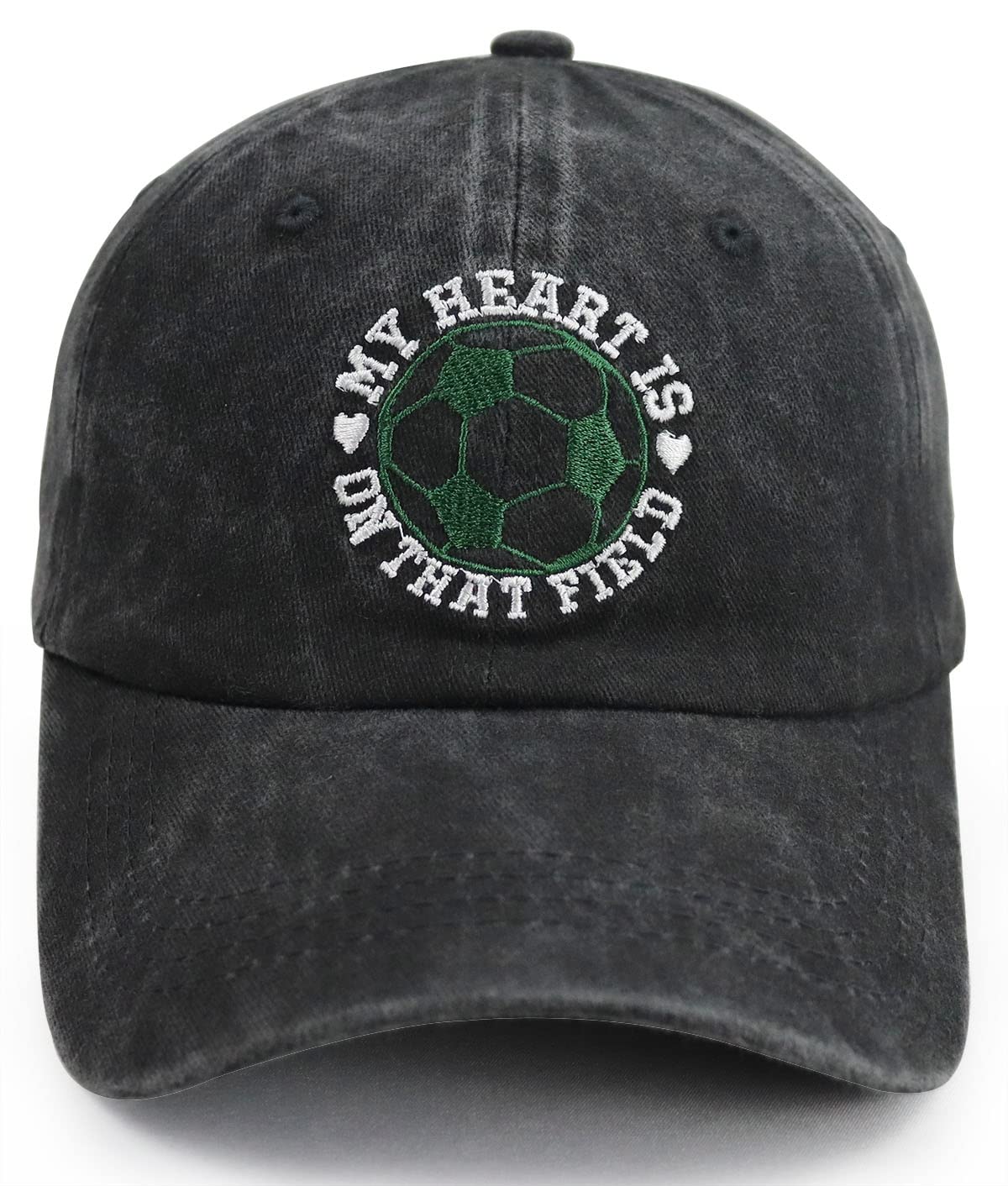 My Heart is on That Field Soccer Hat, Adjustable Embroidered Washed Cotton Football Baseball Cap for Women Men