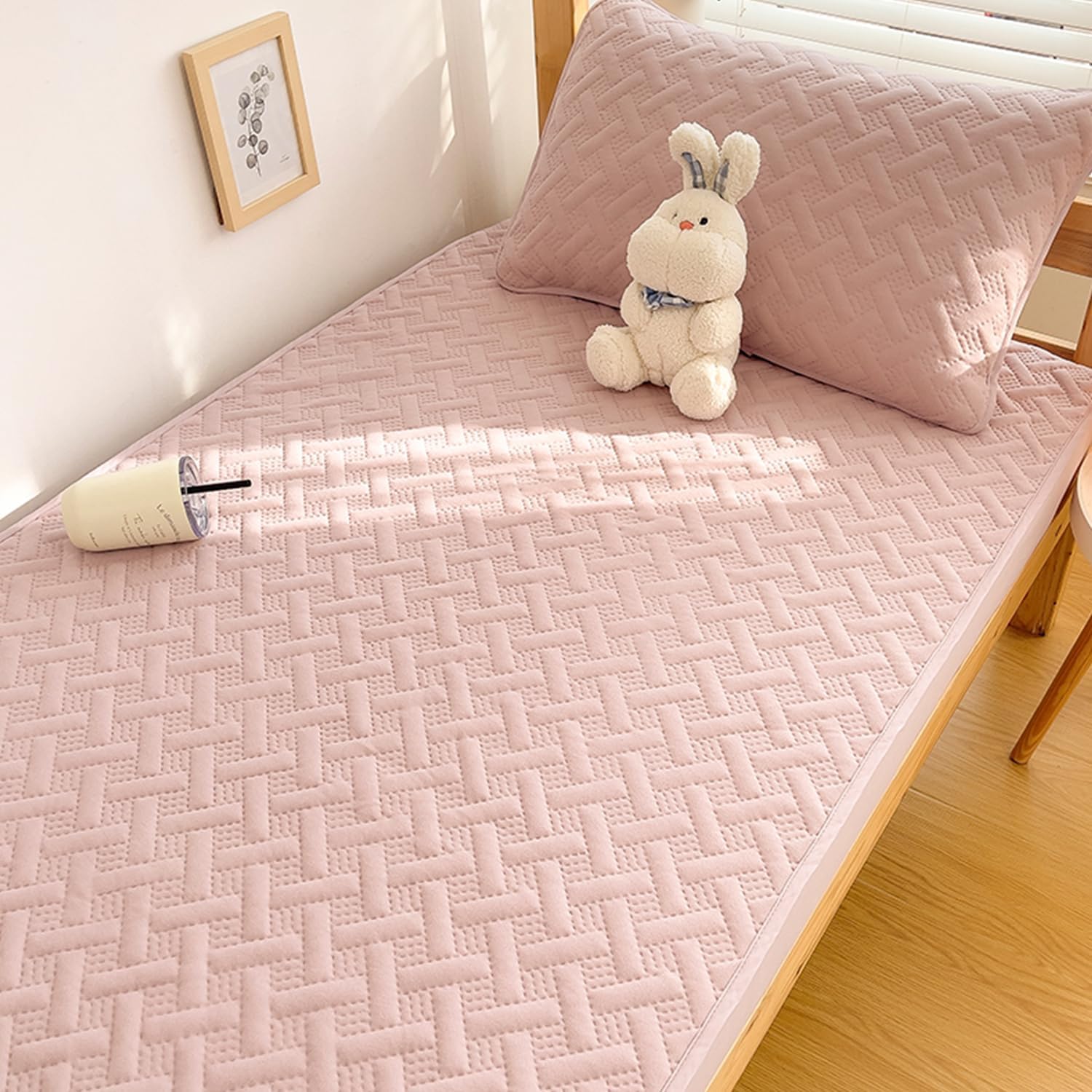 Queen Size Mattress Protector Breathable Mattress Cover Soft Fitted Sheet 360° Wrap Knitted Cotton Bed Cover Dormitory Mattress Topper Cover Deep Pocket of 12In,Rose,90x200cm(Twin)