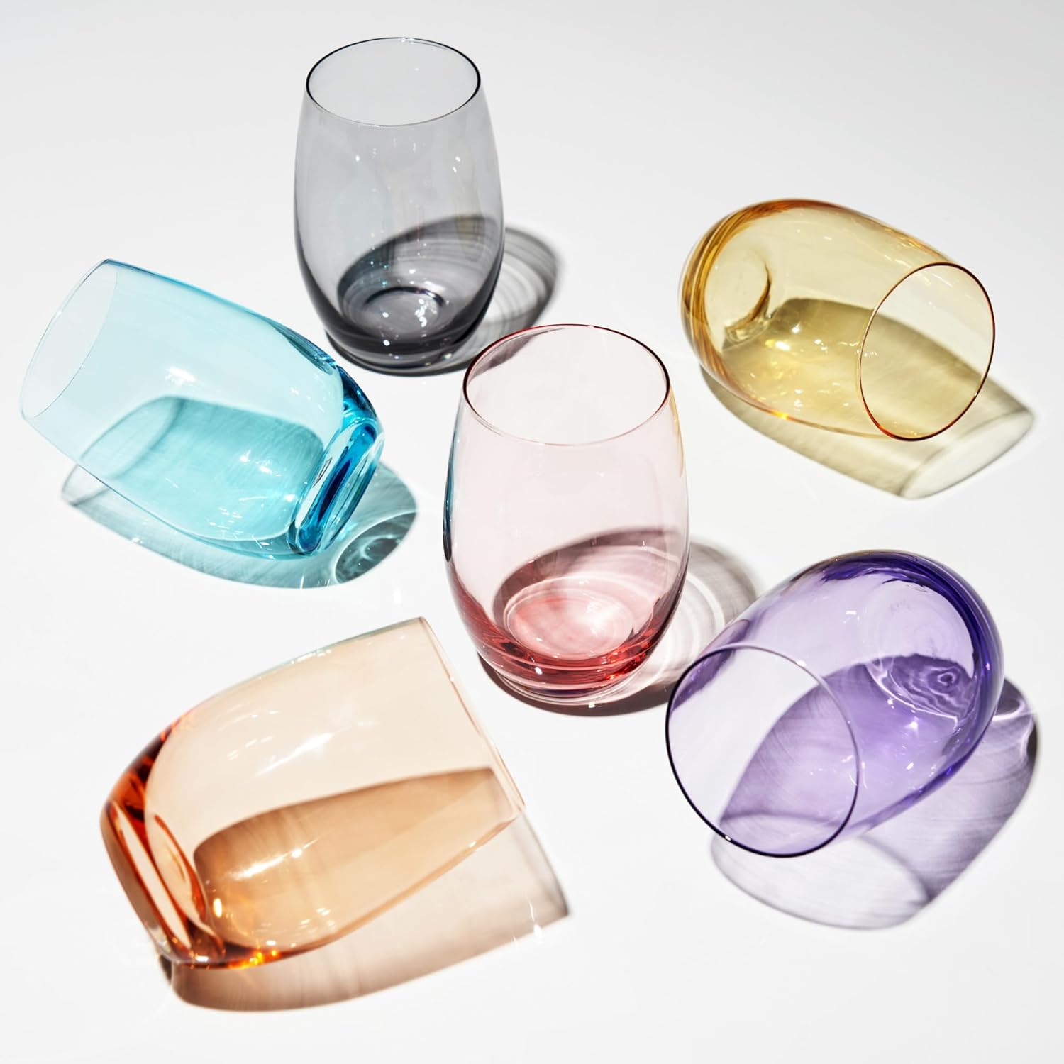 True Color Stemless Wine Glasses Gift Set, Vibrant Drinking Glasses for Wines, Cocktails, Beverages, Wedding Gifts, Housewarming Gifts, Modern Glassware, Home Bar, 18.5 oz, Set of 6, Multicolor