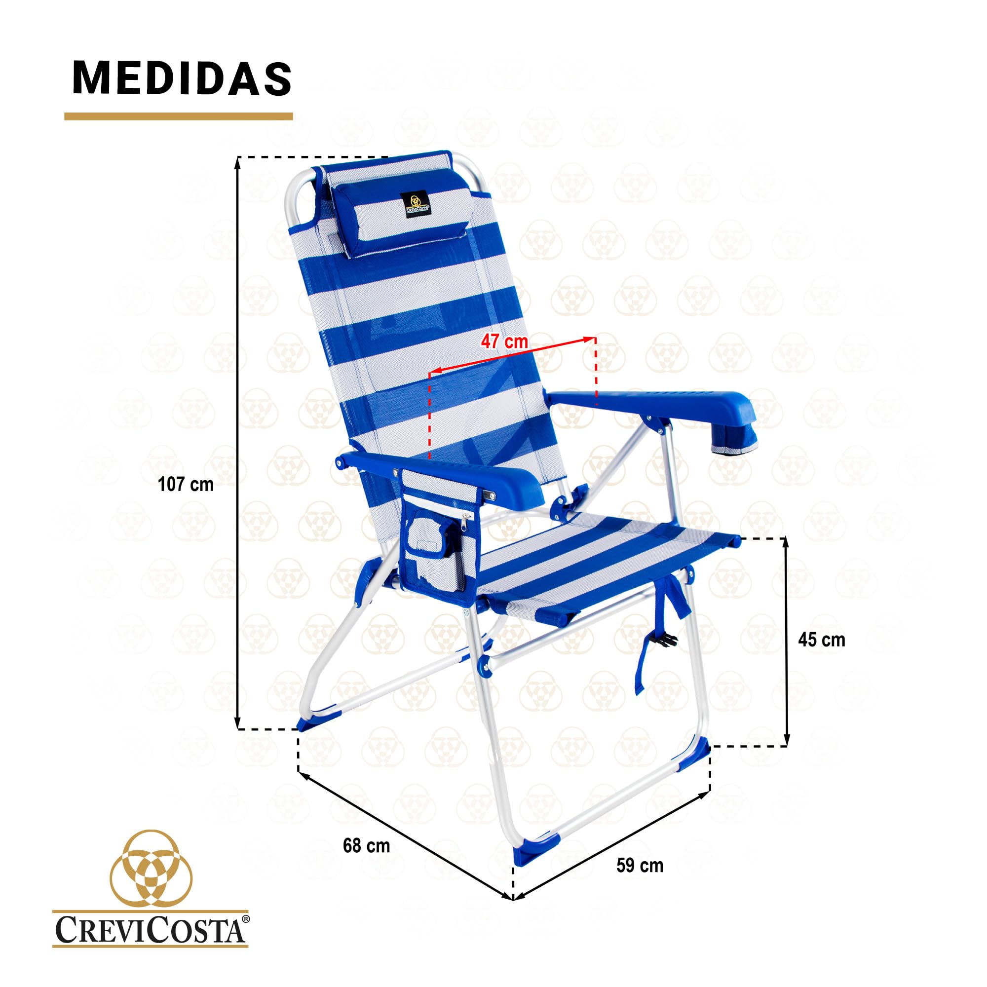 CREVICOSTA Palmera 2081-3 Sedia Da Spiaggia Pieghevole Con Braccioli – 8 Posizioni – Alluminio – Borsa Zaino Inclusa – Elegance