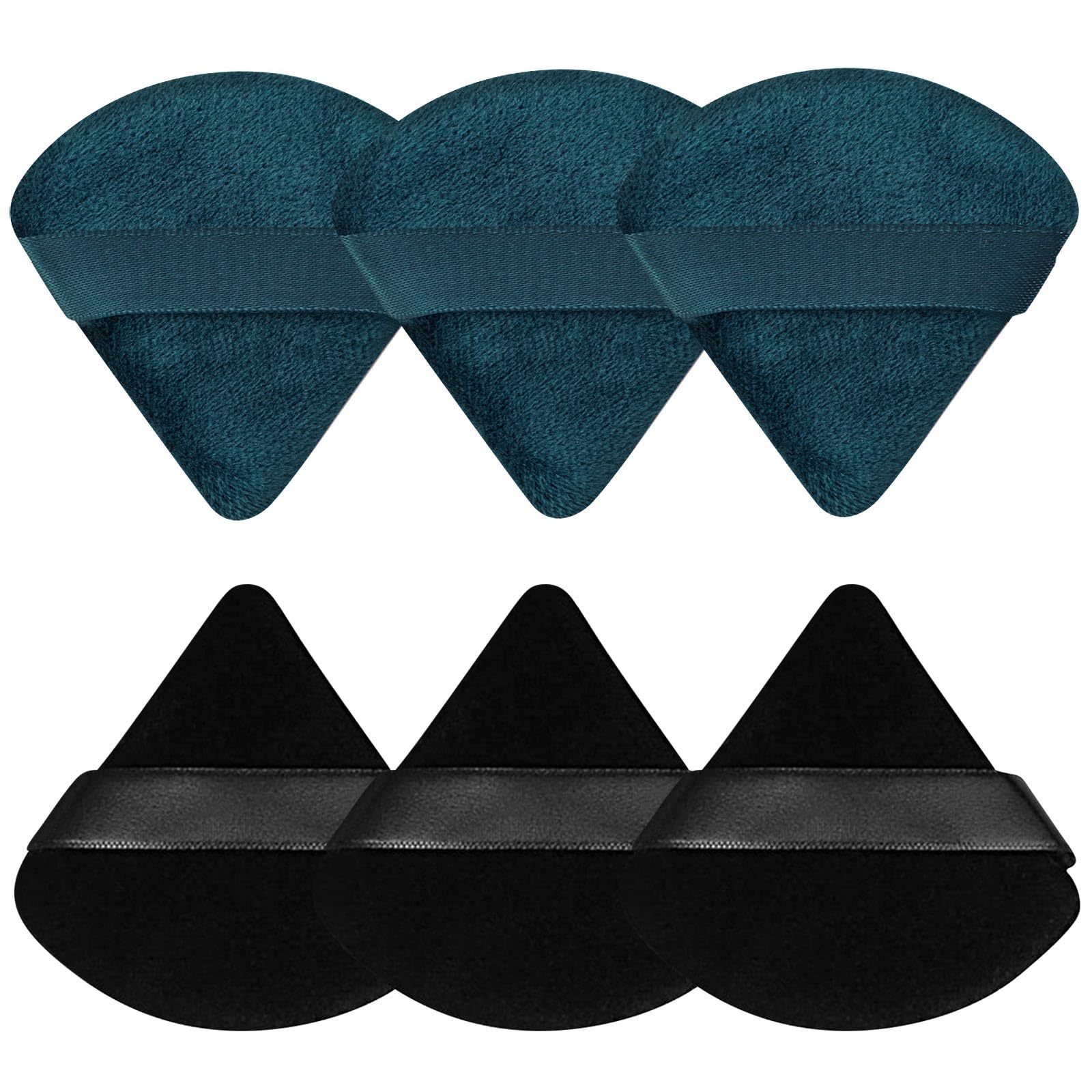 Pimoys 6 Pack Powder Puffs, Triangle Makeup Puffs (Black/Peacock Blue) | Soft velour with finger strap, triangle design for under eyes and T-zone, for loose, pressed or setting powder Black and Peacock Blue