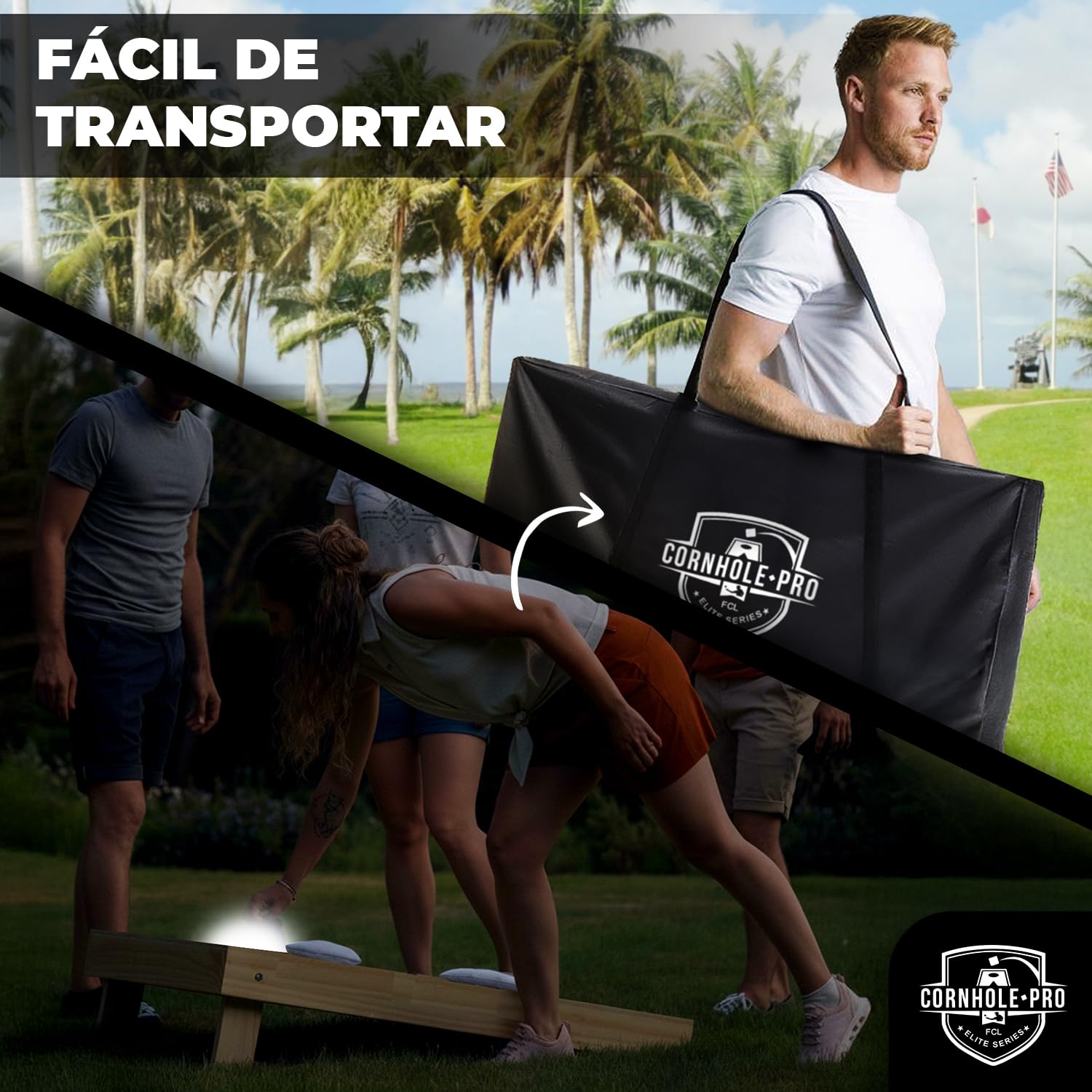 Cornhole Oficial Luminoso de Madera – 90×60 cm – 2 Tableros con Leds + 8 Sacos – Set Completo con Bolsa de Transporte – Juego Exterior para Jardín y Noches – Original Corner