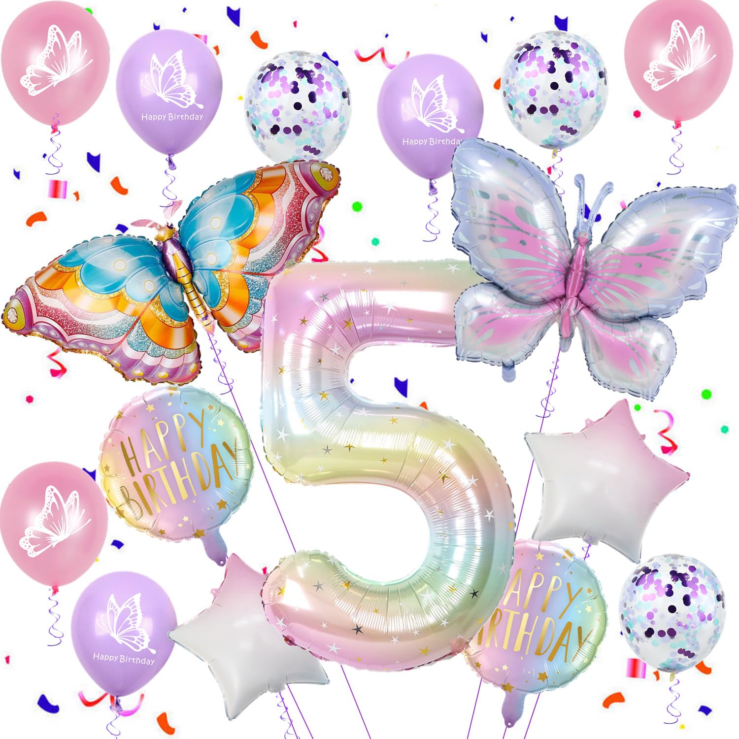 Palloncini Farfalla Per Compleanno 5 Anni - Set Decorazione A Tema Fata Arcobaleno Per Feste Bambine - Foto 1