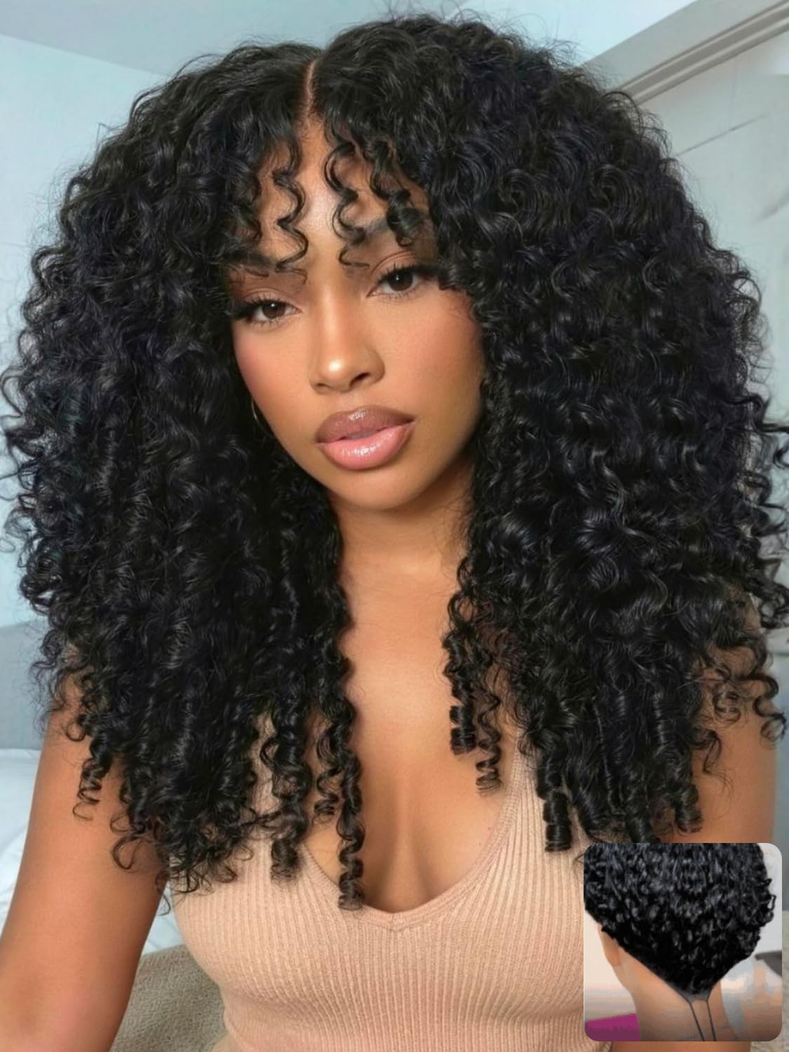 UNICE 7x5 Glueless Curly Human Hair Wig with Finger Coil Ends 18 Inch