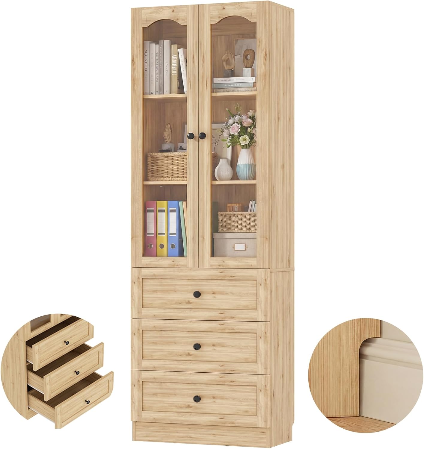 Cyclysio 80" Tall Bookcase with 3 Drawers, Wooden Bookcase with Glass Doors & Adjustable Shelf, 3.15" Built-in Baseboard Notch - Modern Bookshelf with Arched Doors for Office, Kitchen, Natural Oak
