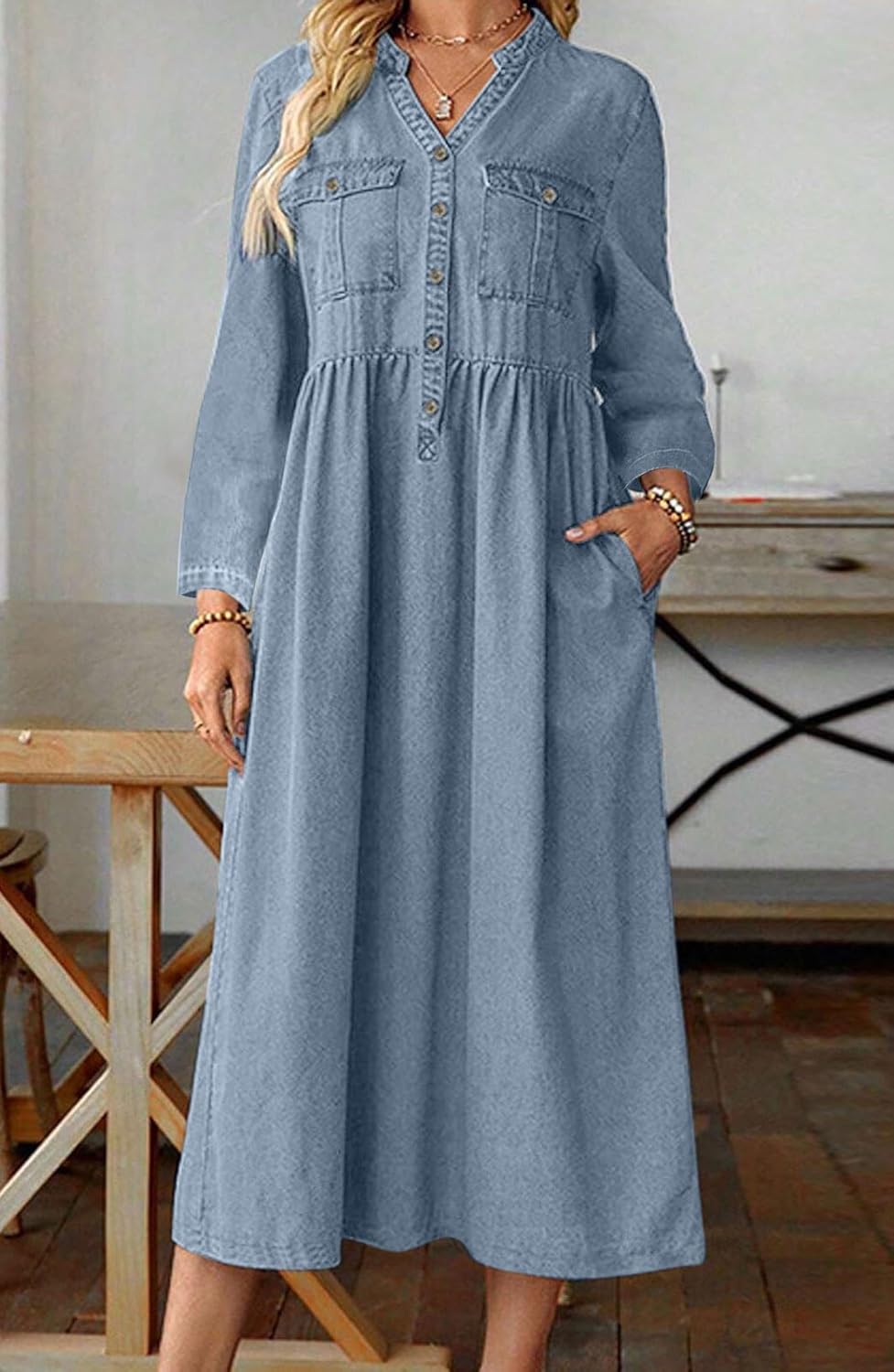 loveimgs Women Casual Button Down High Waist Midi Denim Dress V Neck Pleated Shirt Jean Dress A Line Long Sleeves Pockets