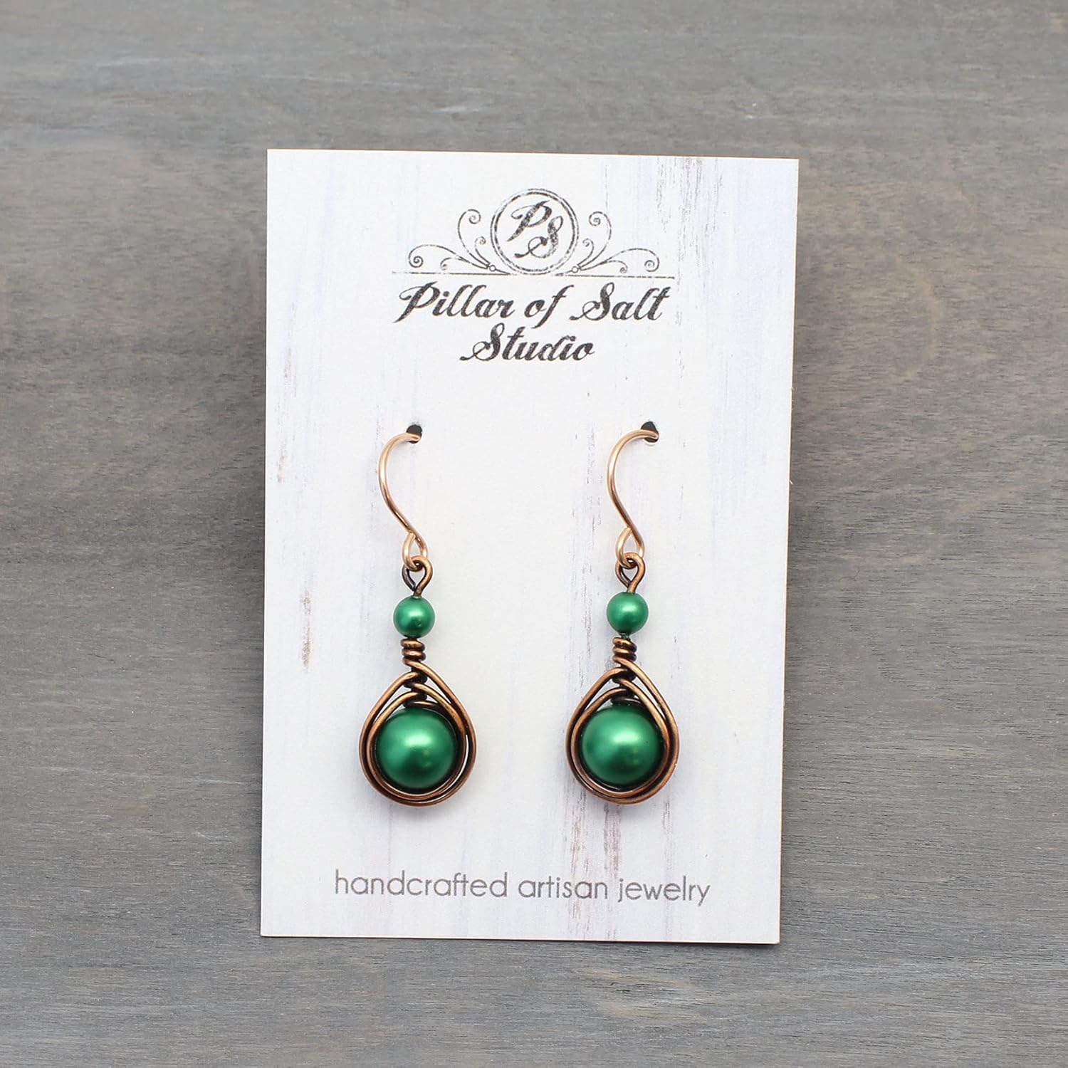 Pillar of Salt Studio Handcrafted Copper Earrings with Simulated Pearl and Rose Gold-filled Ear wires (Antiqued Copper, 1" drop, Eden Green)