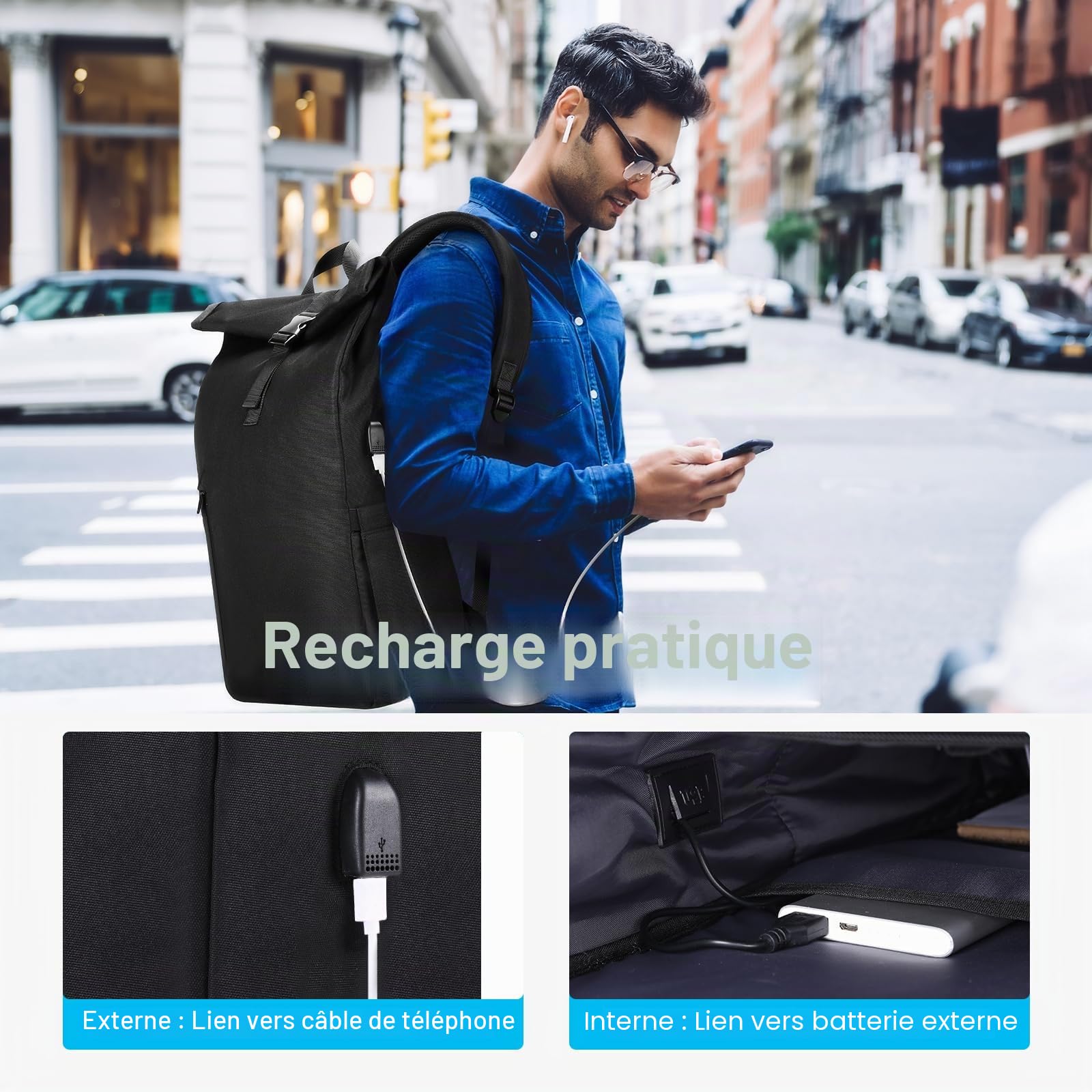 HOMIEE Sac à Dos Roll-Top pour Hommes et Femmes, Sac a Dos PC Portable 17 Pouces 24-30L Extensible pour Ordinateur Portable 17.3" Sac à Dos Loisir
