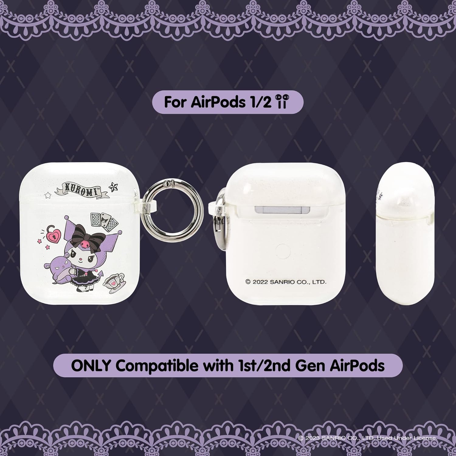 iFace Kuromi Beaded Charm Wrist Strap + AirPods 1/2 Clear Glitter Case