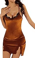 Vista 1 de LYANER Camisón de terciopelo sin mangas con dobladillo dividido y encaje en contraste para mujer