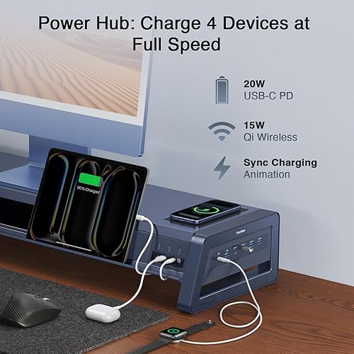 Miniatura 9 de Vaydeer Soporte elevador de monitor dual todo en uno con 2 cajones, 8 puertos USB y almohadilla de carga inalámbrica con tira de luz LED para 2