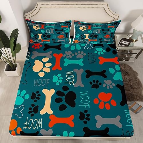Sábanas de cama con estampado de patas de perro para niños, sábana bajera ajustable de huesos coloridos para los amantes de los perros, juegos de