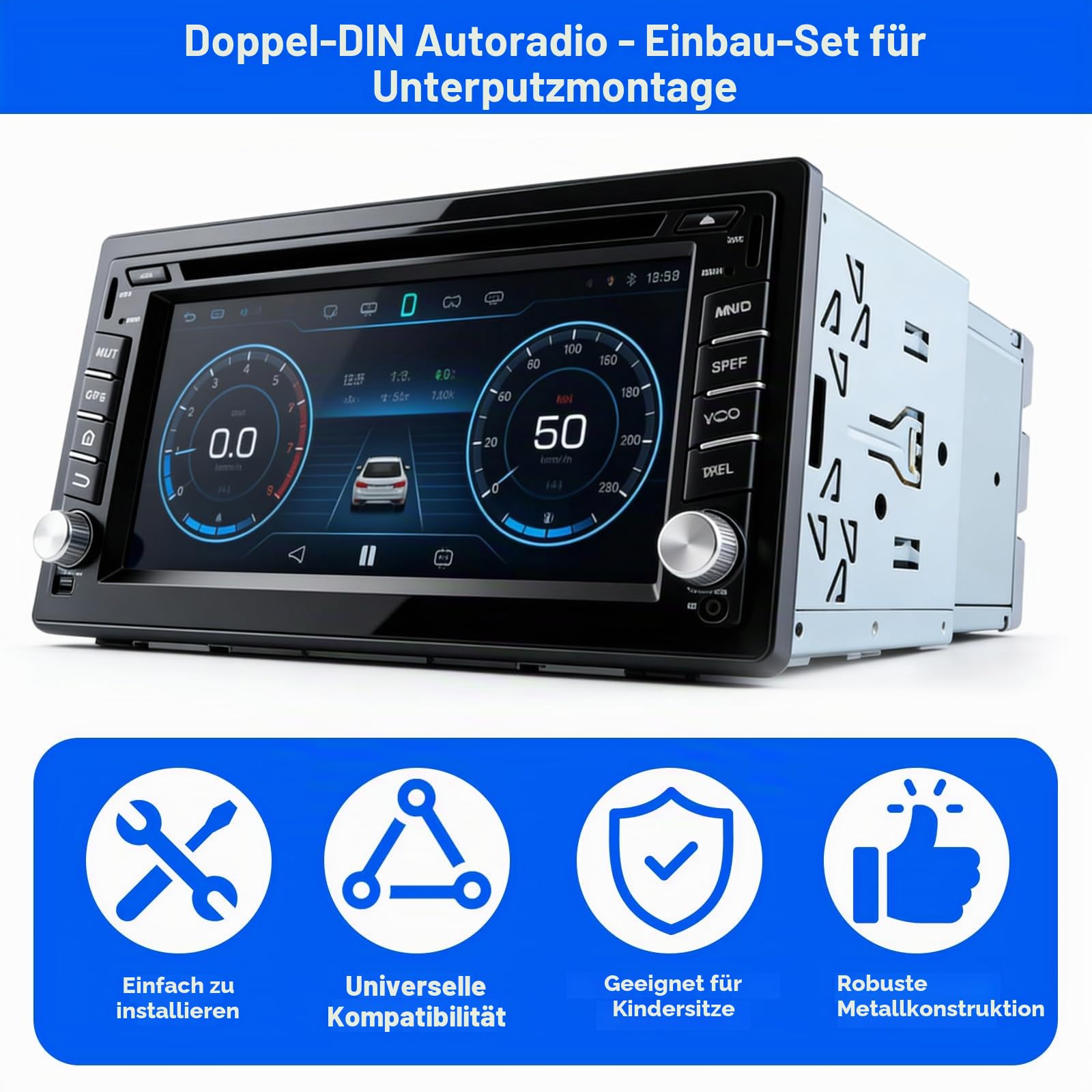 Doppel DIN Einbaurahmen, 2DIN Universal Design Metallrahmen, Autoradio Einbausatz Kompatibel mit VW Jetta, Skoda Golf, Passat, Polo, Peugeot, Smart, Auto DVD Player