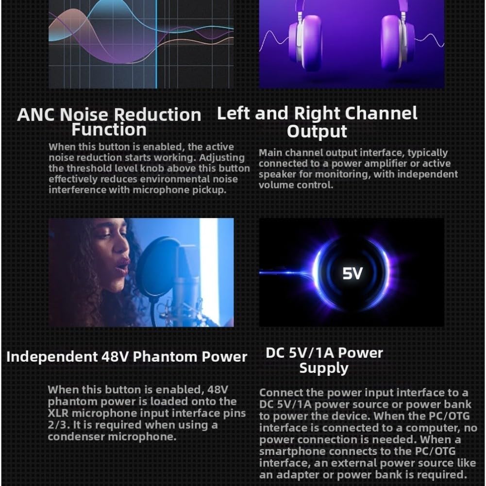 Tarjeta de sonido externa profesional con 48 V de potencia y reducción de ruido, interfaz de audio ABS compacta - Para cantar, transmisión en vivo, PC y dispositivos móviles -
