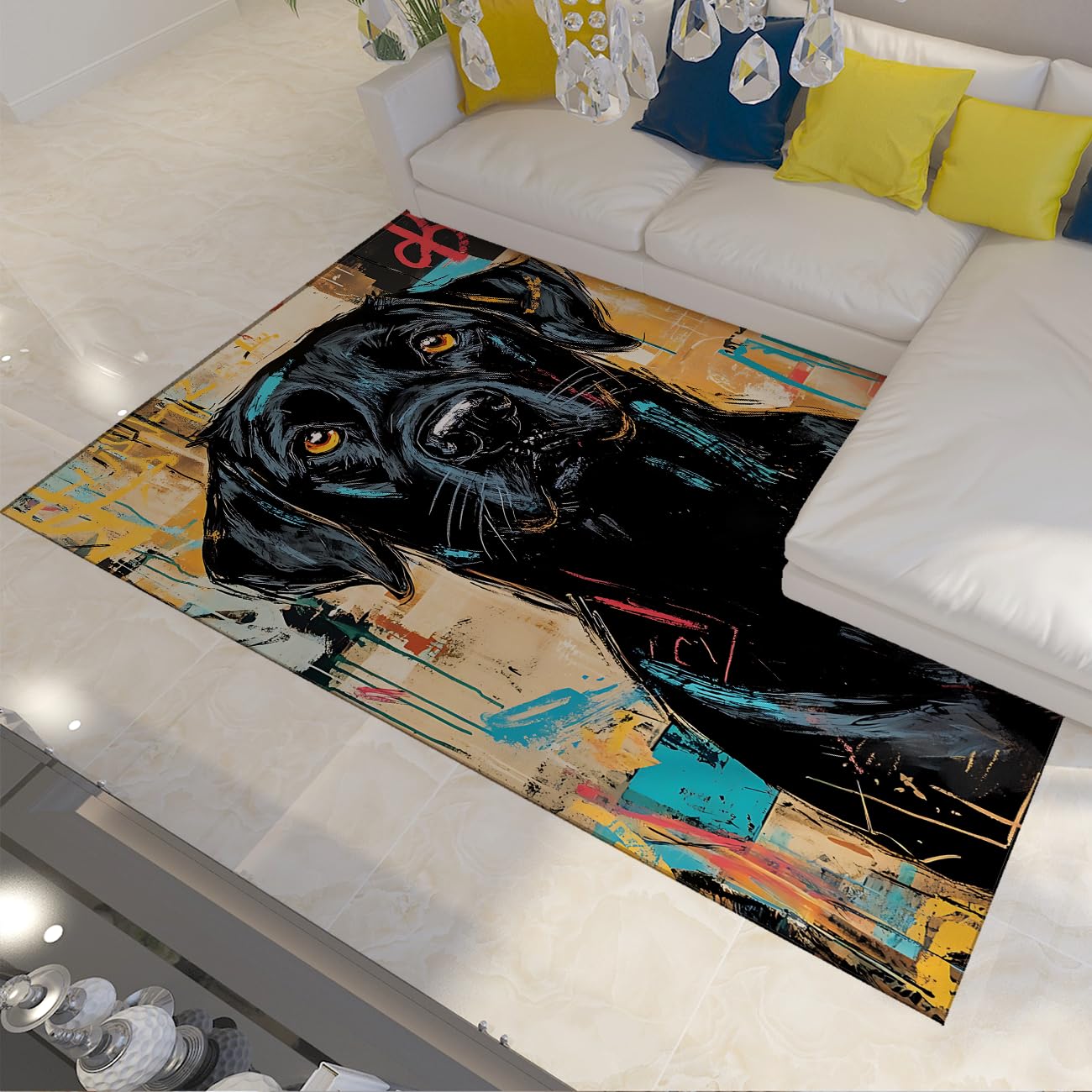 Tapis noir pour chien 140x200cm lavable style graffiti créatif pour salon