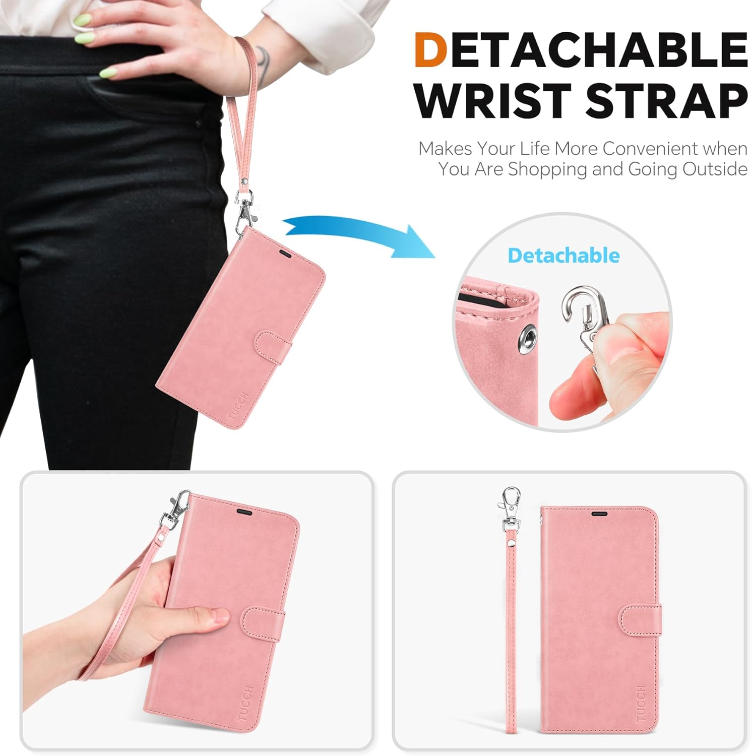 TUCCH Removable Case Wallet for iPhone 17e/16e, 2 in 1 [Wireless Charging] [Wrist Strap] PU Leather Magnetic Stand RFID Blocking [4 Card Slots] Detachable Folio for iPhone 17e 2026/16e 2025, Rose Gold
