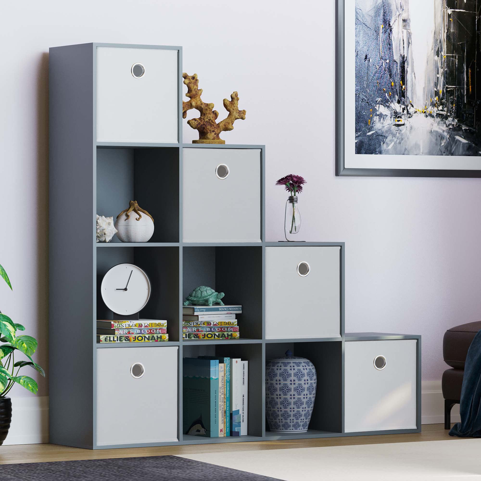 Vida Designs Durham Staircase Bookcase Shelves Storage Organiser Living Room Furniture (10 Cube & 5 White Baskets, Grey) โ image 1