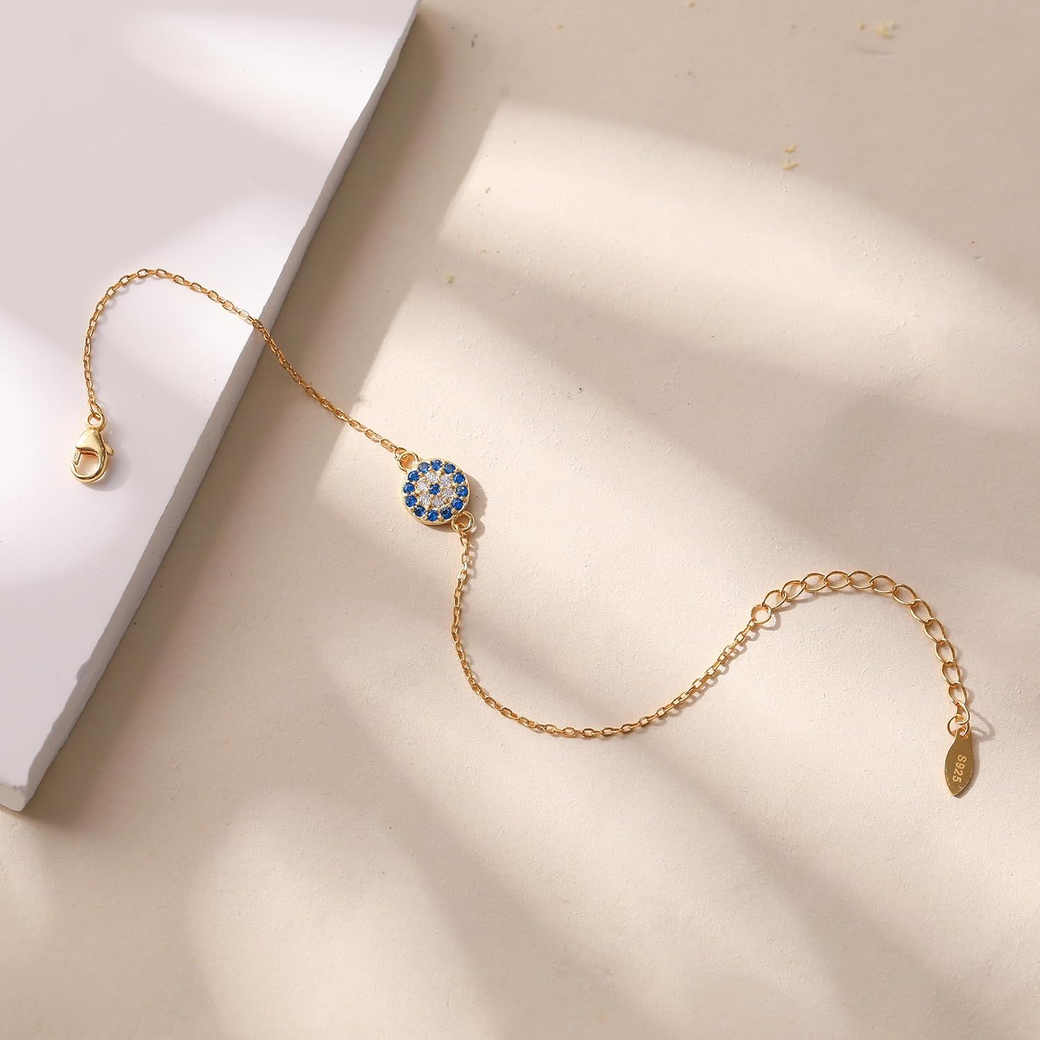 SUYACS Gold Evil Eye Bracelet for Women 925 Sterling Silver Small Blue Cubic Zirconia Eye Link Bracelet Tears of Angels Friendship Charm Chain Bracelet Mother's Day Jewelry Gifts to Daughter Friends