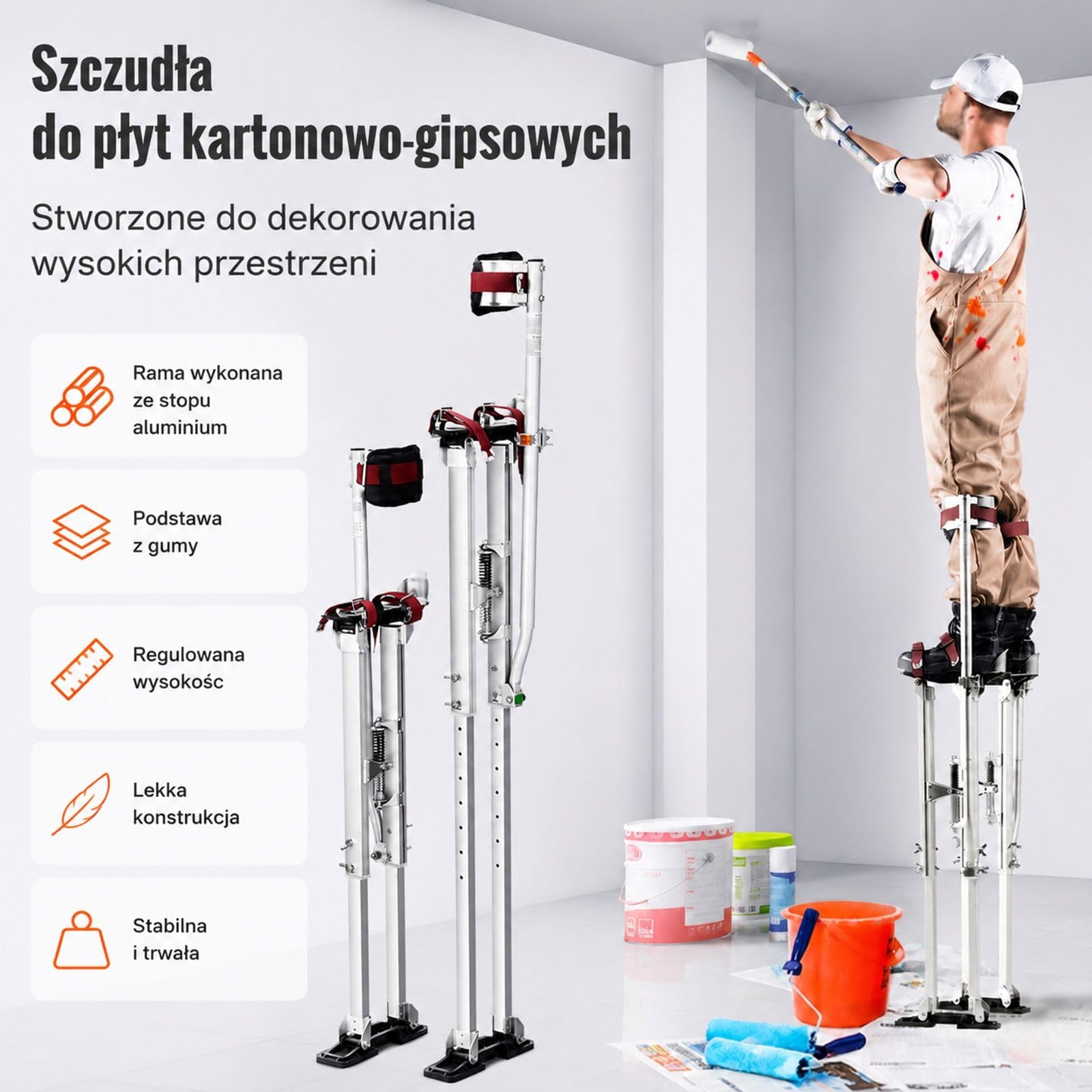 Aluminiowe szczudła robocze z regulowaną wysokością, metalowymi klamrami i teksturowaną gumową stopką, do płyt gipsowo-kartonowych, malowania, konstrukcji sufitu, przycinania drzew i prac