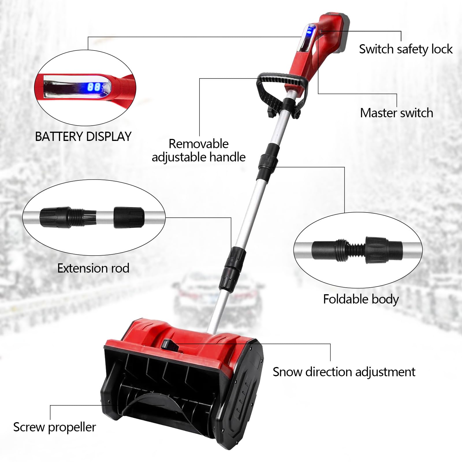 Souffleuse à Neige 1000W 21V Li-ION Direction Projection Réglable 0-33000 TR/Min 8M 34cm