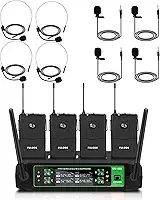 Microfone de lapela sem fio UG-550, sistema de microfone sem fio UHF profissional de 4 canais com 4 microfones de lapela e 4 fones de ouvido para cantar, reunião, igreja, evento, TV,