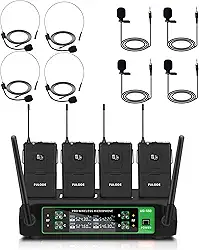 Microfone de lapela sem fio UG-550, sistema de microfone sem fio UHF profissional de 4 canais com 4 microfones de lapela e 4 fones de ouvido para cantar, reunião, igreja, evento, TV,