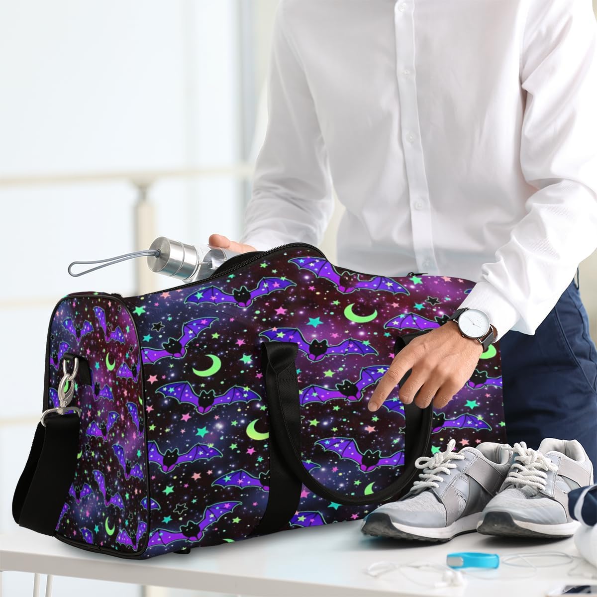 Travel Duffel Bag Bat Galaxy Moon Flower Sport Tote Gym Bag Waterproof Foldable Carryon Weekend Overnight Training Handbag Sports Duffle Bags for Women Men Boys Girls