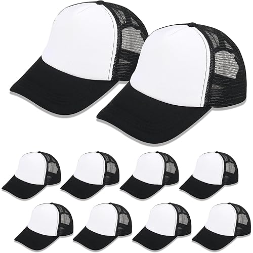 OKBA 10 Pack Sublimation Blank Baseball Cap Adjustable Hat Polyester Mesh Trucker Hats for Men and Women (US, Alpha, One Size, 3X-Large, Standard, Black and White hat *10PCS)