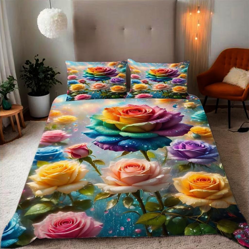 Housse de couette 200x200 cm respirant et taies d'oreiller à motif de roses colorées