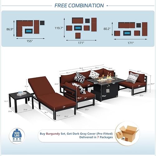 Miniatura 239 de NICESOUL 7 Piece White Powder-Coated Aluminum Patio Furniture with Fire Pit Table, 29 Inch Extra Wide Outdoor Sectional Sofa for 6, High-End Heavy