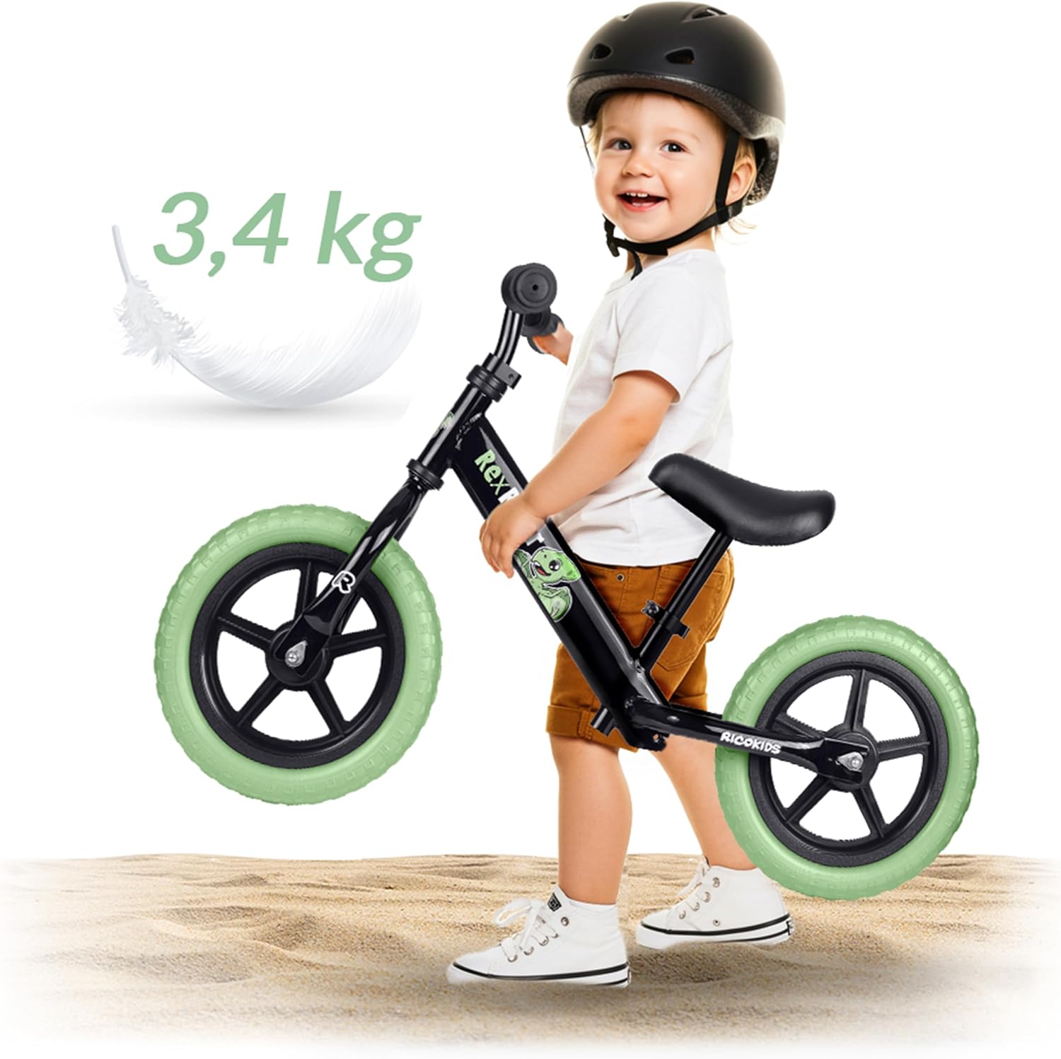 Child holding Ricokids balance bike, showing its light weight