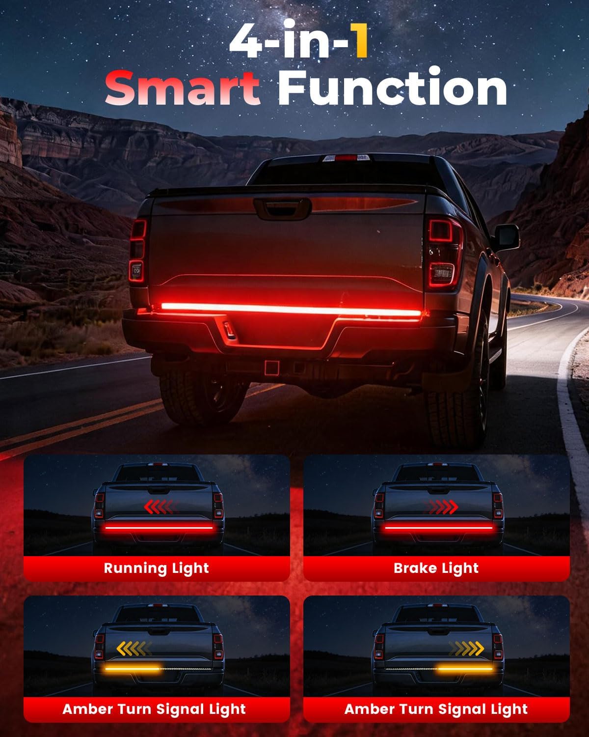 Keiurot Truck Tailgate Light Bar, 60Inch Tailgate Led Light Strip Waterproof Arrow with Sequential Turn Signal Break Runing Red & Amber Flexible for Pickup Truck,540Led Chips DC12-24V (150CM/1Set)
