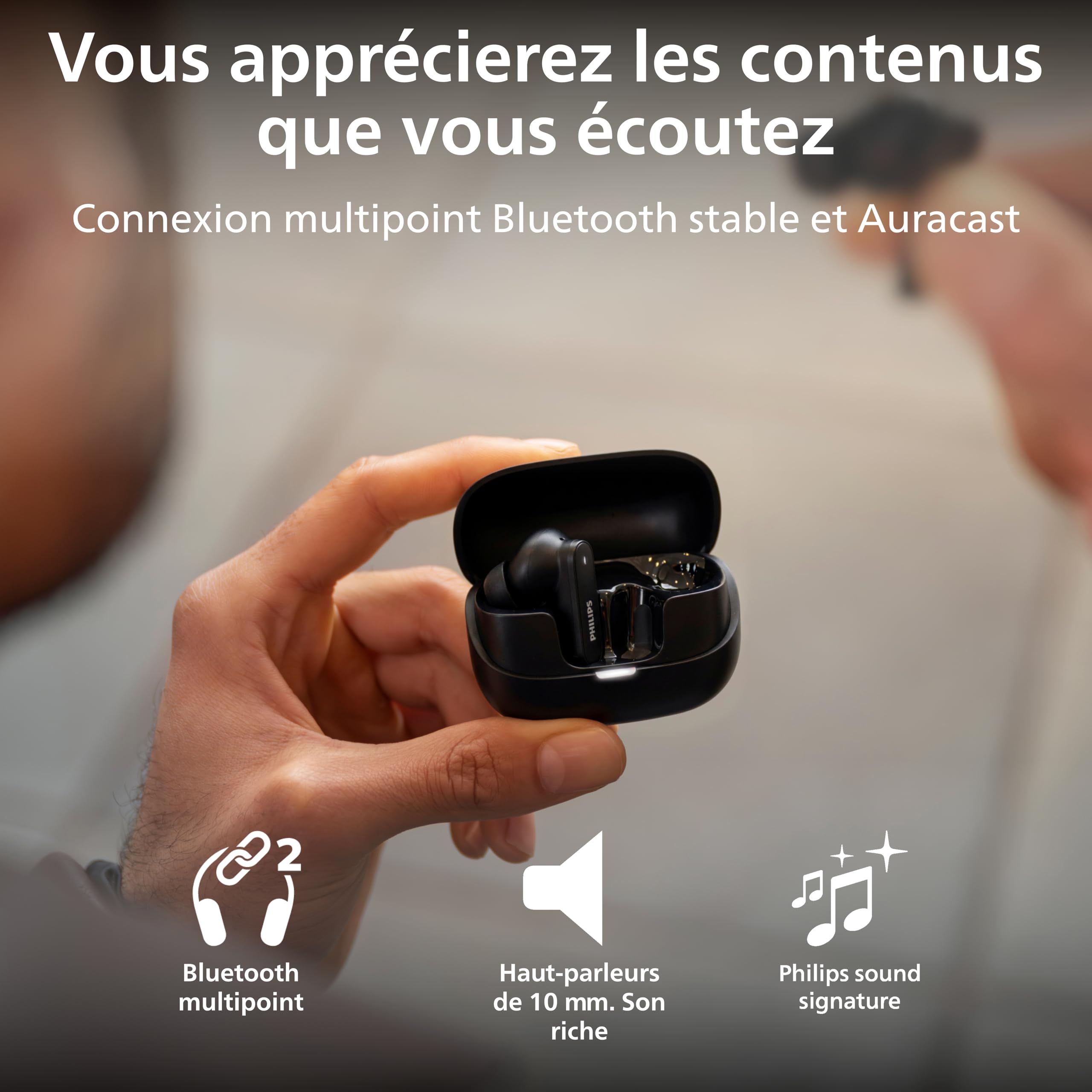 PHILIPS TAT3000BK - Écouteurs True Wireless avec réduction adaptative du Bruit, 48 h d’autonomie, Embouts SecureFit, 6 micros pour des appels clairs, Bluetooth 6.0, Auracast, IPX4, Rose