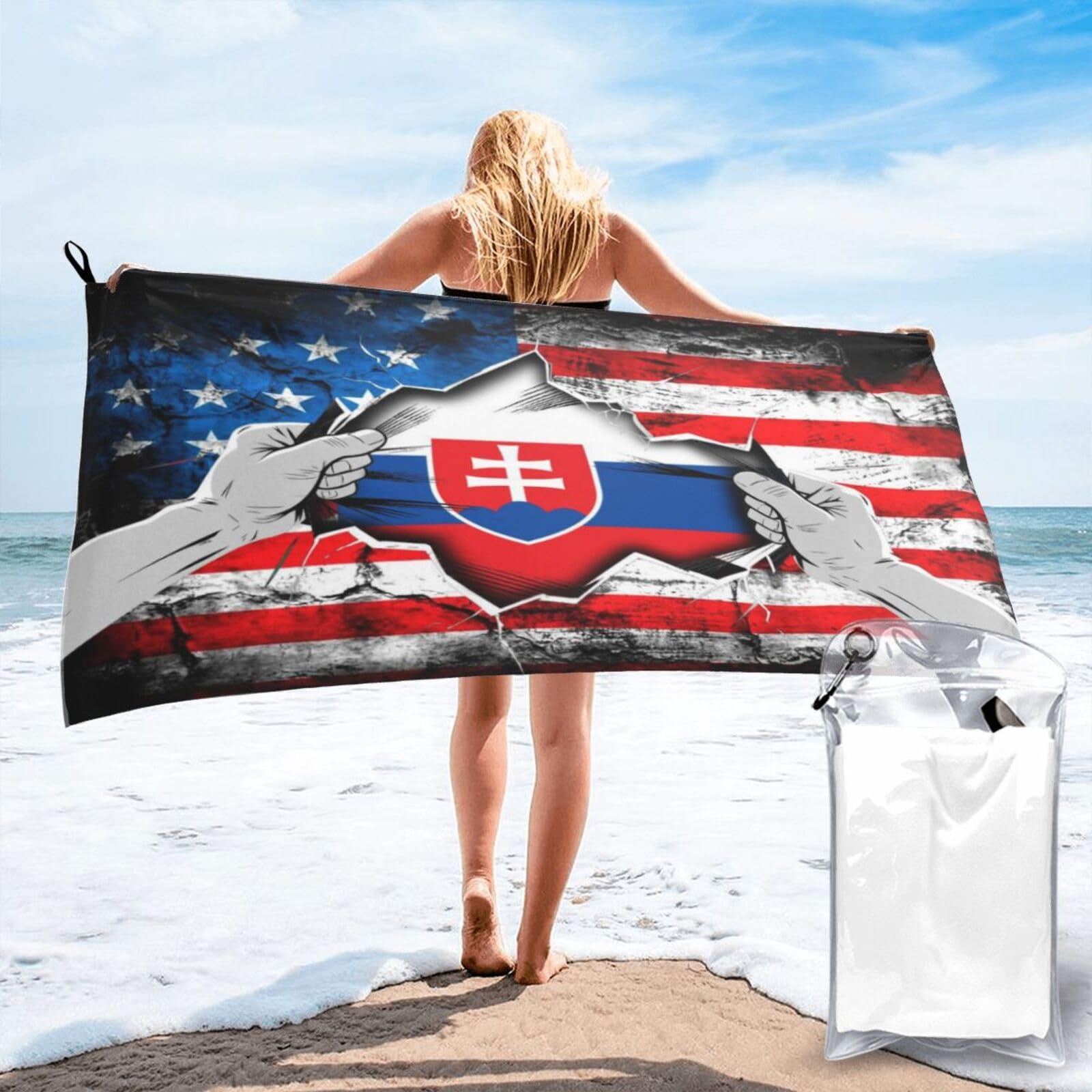 HACXZ American and Slovakia Flag Vintage Beach Towel Lightweight Absorbent Beach Towel Microfiber 31.5"X63"