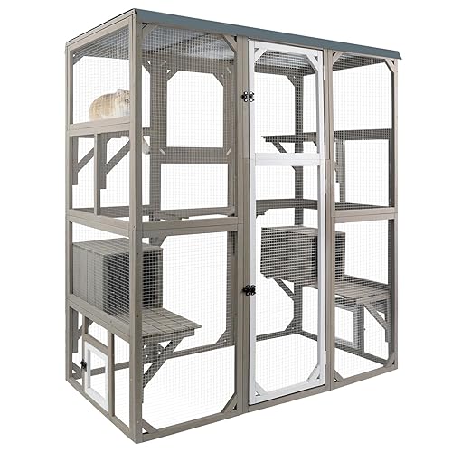 PetsCosset Outdoor Cat Catio Enclosures Large Wooden Cat House Patio for Indoor Cats Feral Cat Shelter with 2 Espace Doors, 2 Resting Rooms, 5 Platforms, Removable Waterproof Cover 67.7" H