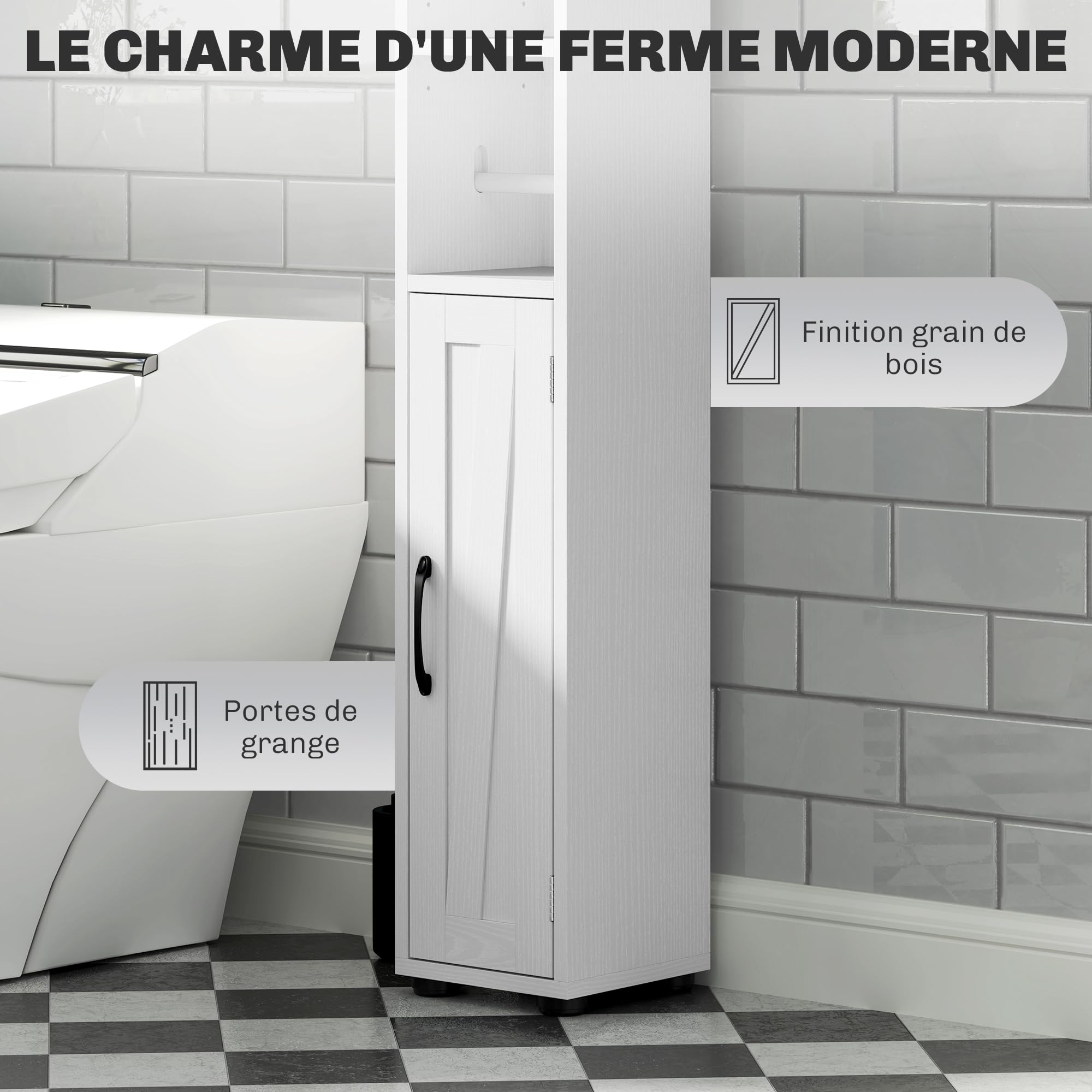 HOMCOM Armoire Salle de Bain Haute 2 Portes, Tiroir, 20x20x185cm Blanc