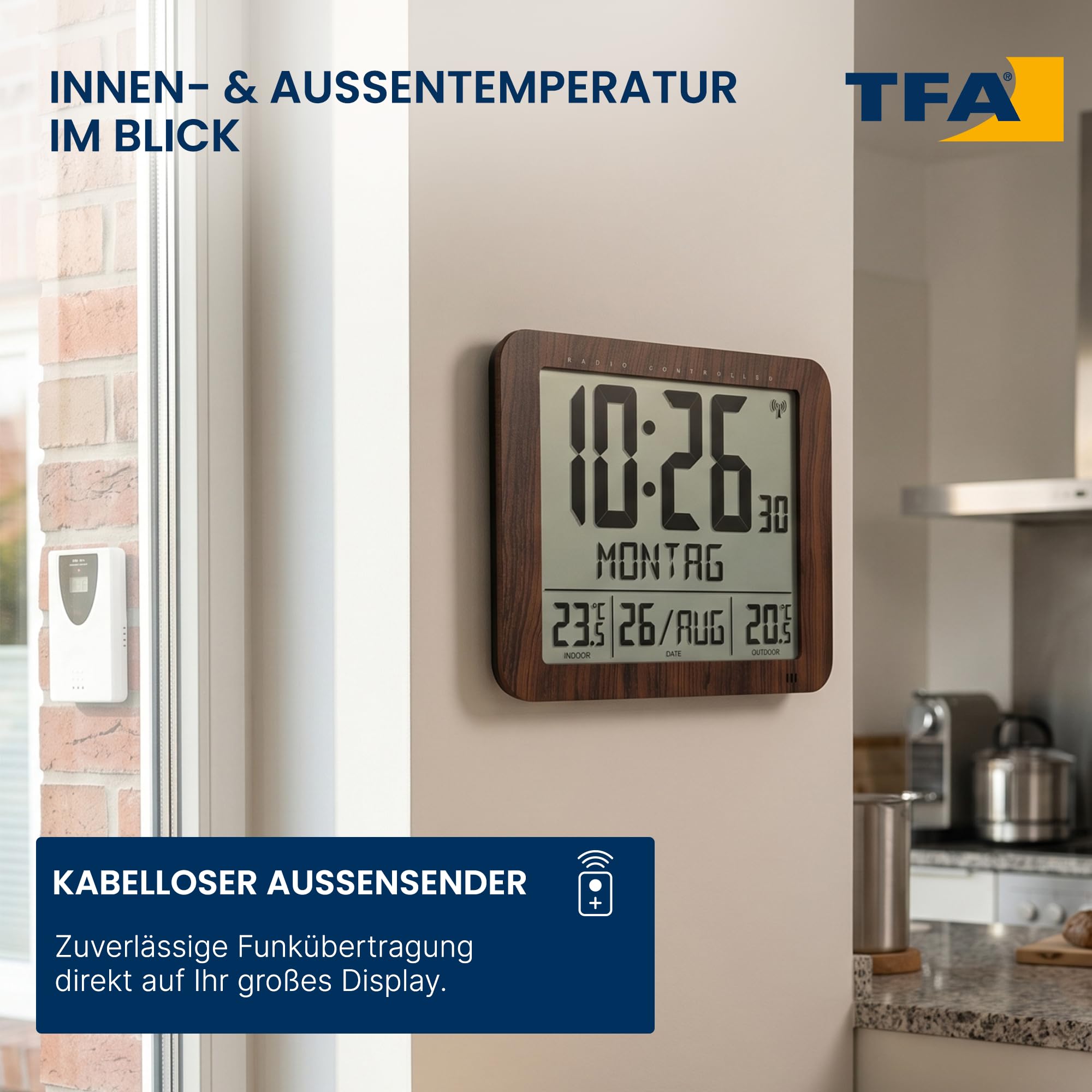 TFA Dostmann Digitale Wanduhr mit Holz Optik, 60.4518.08, inkl Funkuhr mit Außensender, Innen- und Aussentemperatur, gut ablesbar, mit Datum und Wochentag, für Wohnzimmer oder Küche geeignet, braun