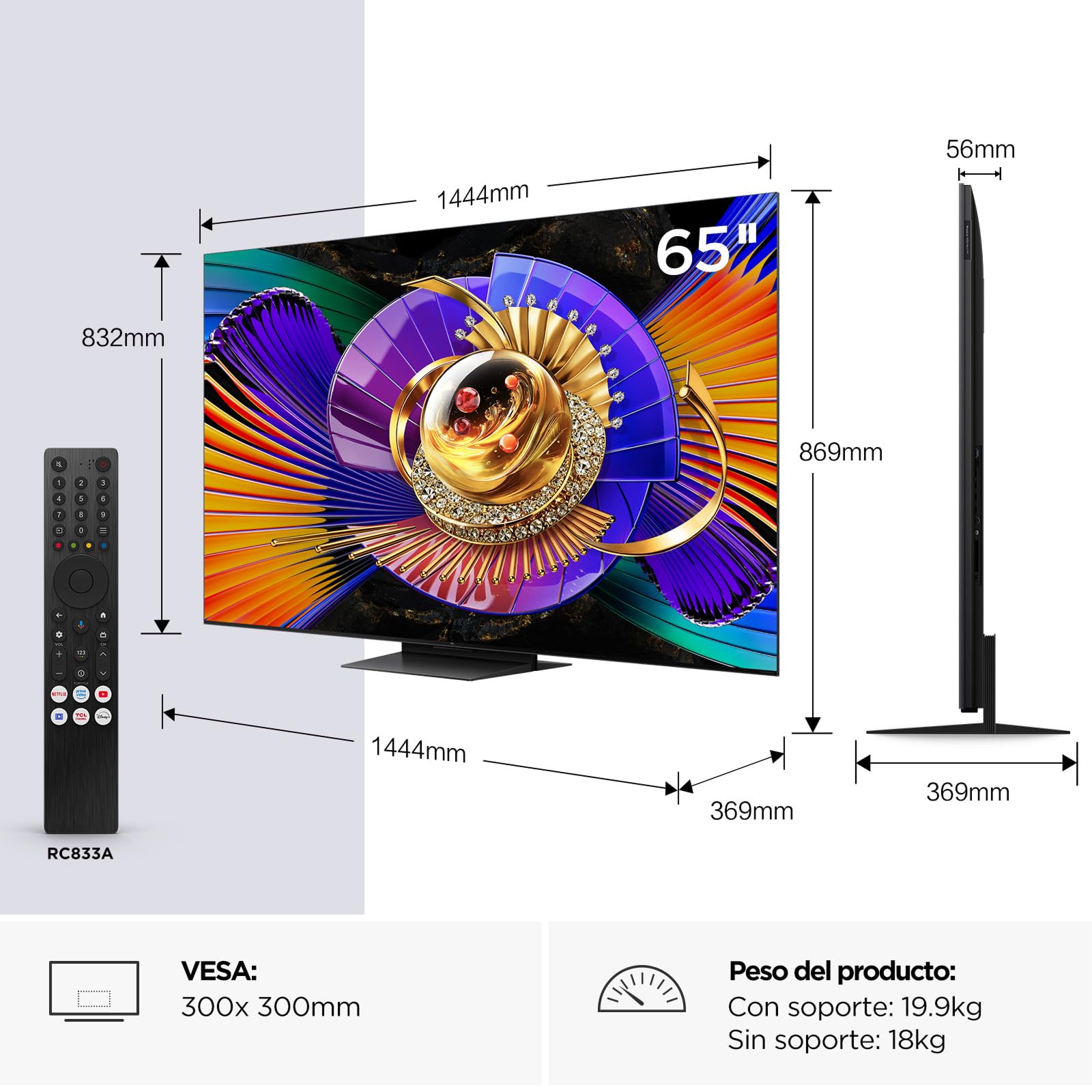 TCL 65C7L Televisor 65 Pulgadas SQD-Mini LED 4K Smart TV, 2600 nits HDR Premium, 144Hz Motion Clarity Pro, Game Master Pro, ZeroBorder, Google TV