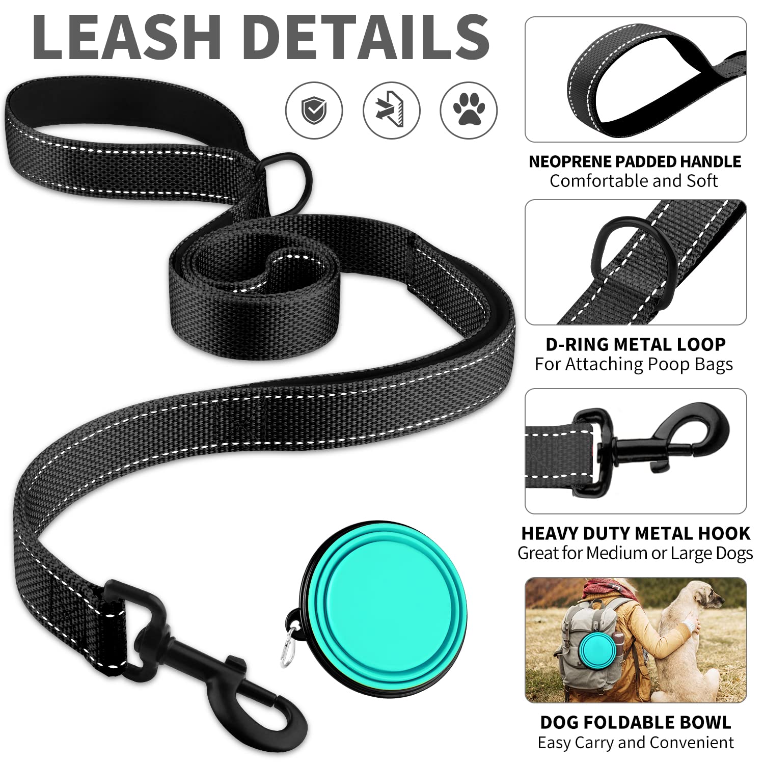 DOYOO Dog Leash 6 FT - Double Handle Traffic Dog Leash Reflective Dog Leashes for Medium and Large Dogs with Collapsible Pet Bowl