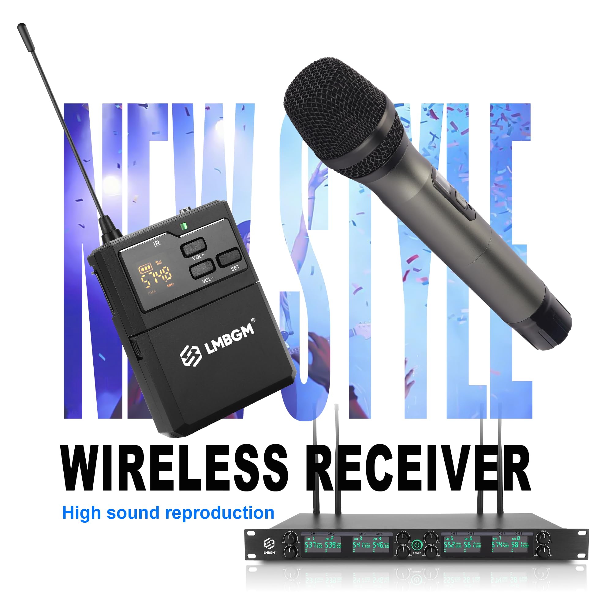 K-25R Wireless Microphone System, 8 canali UHF Handheld and Bodypack Microphones for Stage Performances, Church DJ Weddings and Karaoke (K-26R 8bodypack)