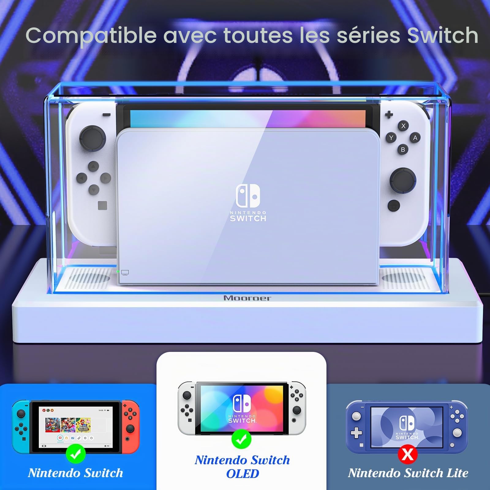 Mooroer Anti Poussière Housse Dock Coque Étui de Protection pour Accessoire Nintendo Switch/Switch OLED avec 16 Couleurs LED Lumière,Résistant Poussière ave Rayures