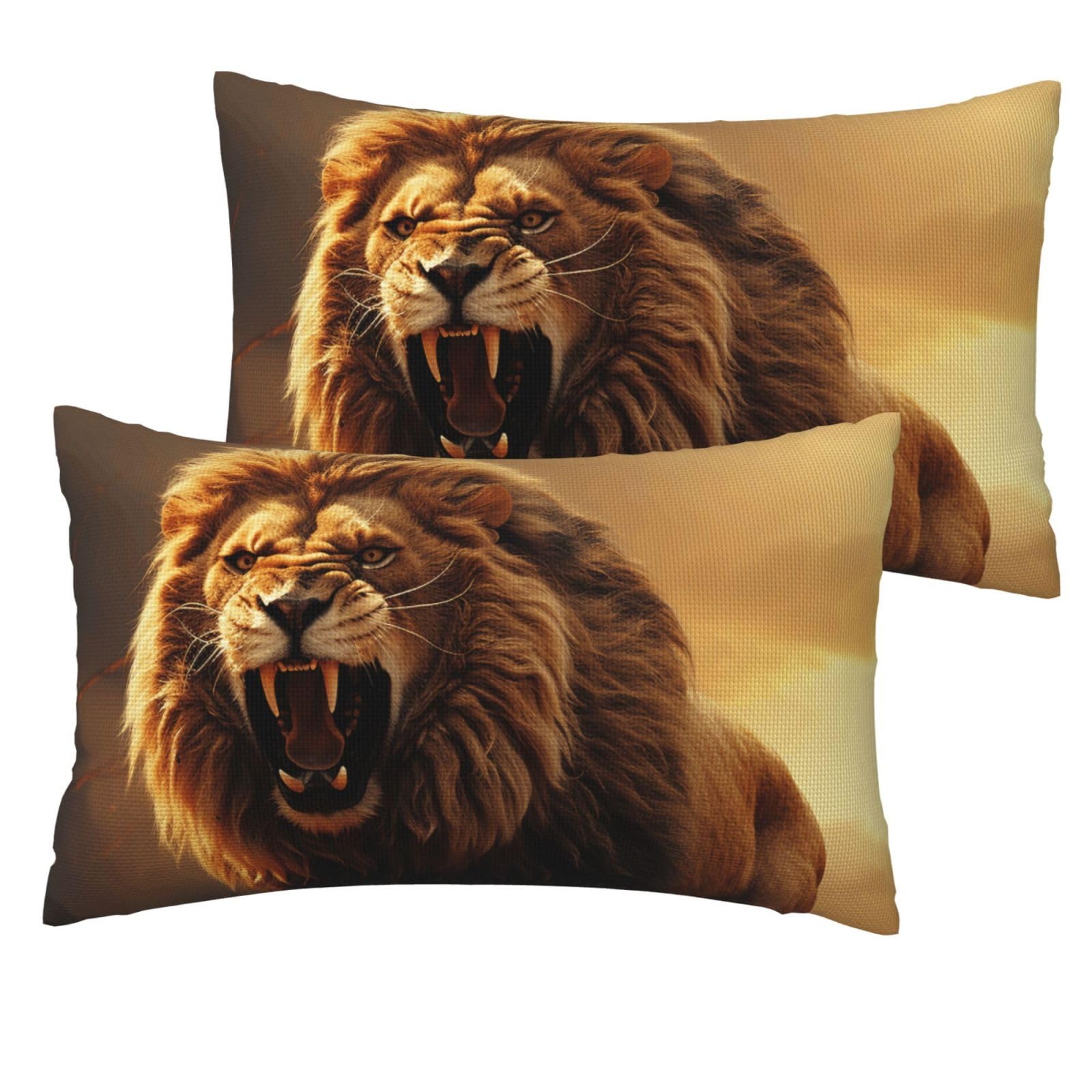 2 Pack Pillow Cases with Hidden Zipper, Soft Breathable Decorative Pillow Covers for Hair and Skin, Angry Roaring Lion Pillowcases 12"x20" Bed Pillow Protectors Cover for Sleeping Gifts
