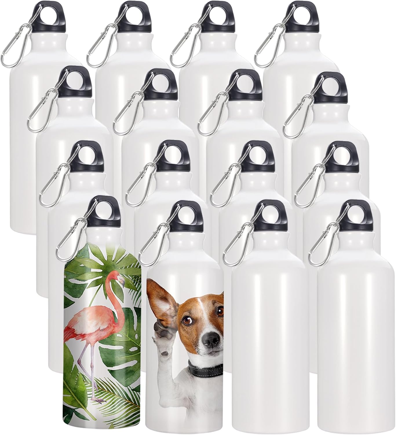 YOUKE OLA 16 Pack Sublimation Aluminium Water Bottle with Carabiner Blank White Aluminum Sports Bottle for Sublimation Heat Press Transfer 20oz