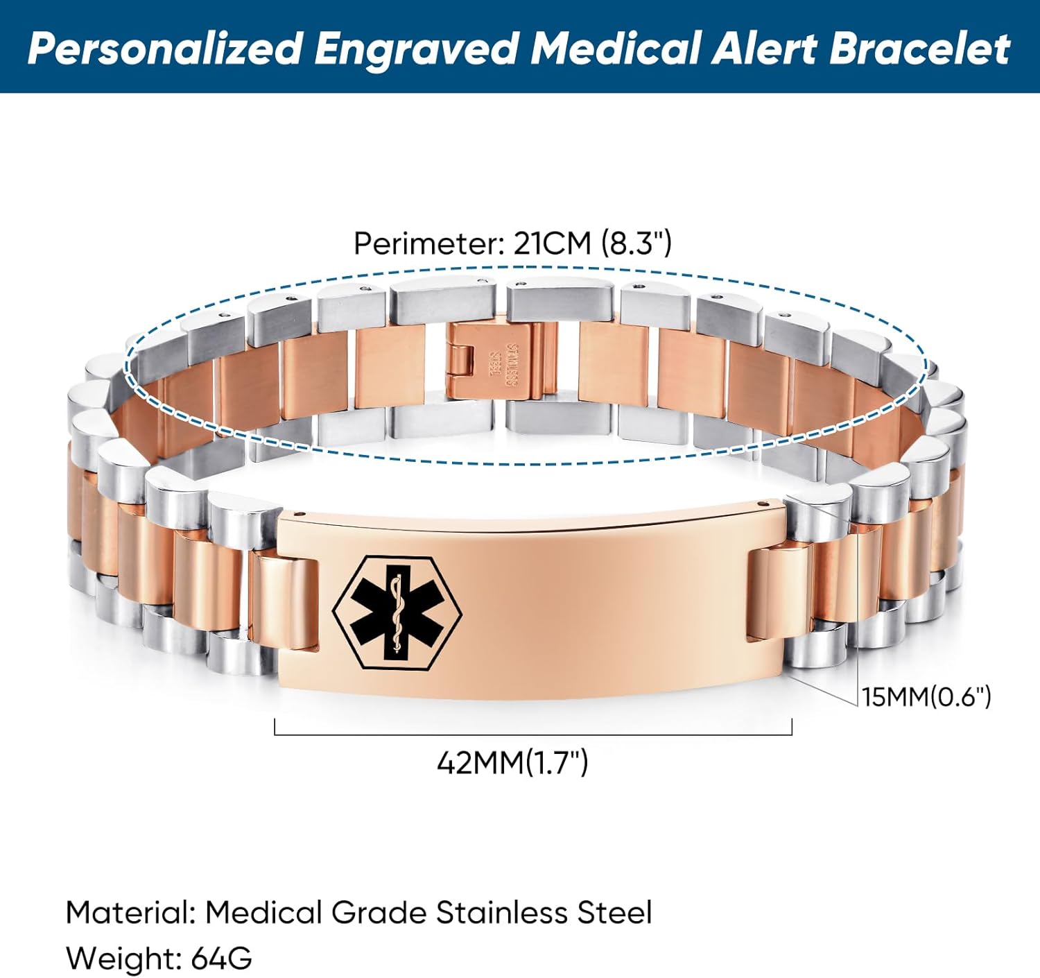 Personalized Medical Alert Bracelet for Men / Women Customizable Emergency ID Bracelet Adjustable Watch Band Style Bracelets Waterproof Free Engraved Alert Bracelets for Allergy Epilepsy Diabetic Seizure Alzheimers Autism