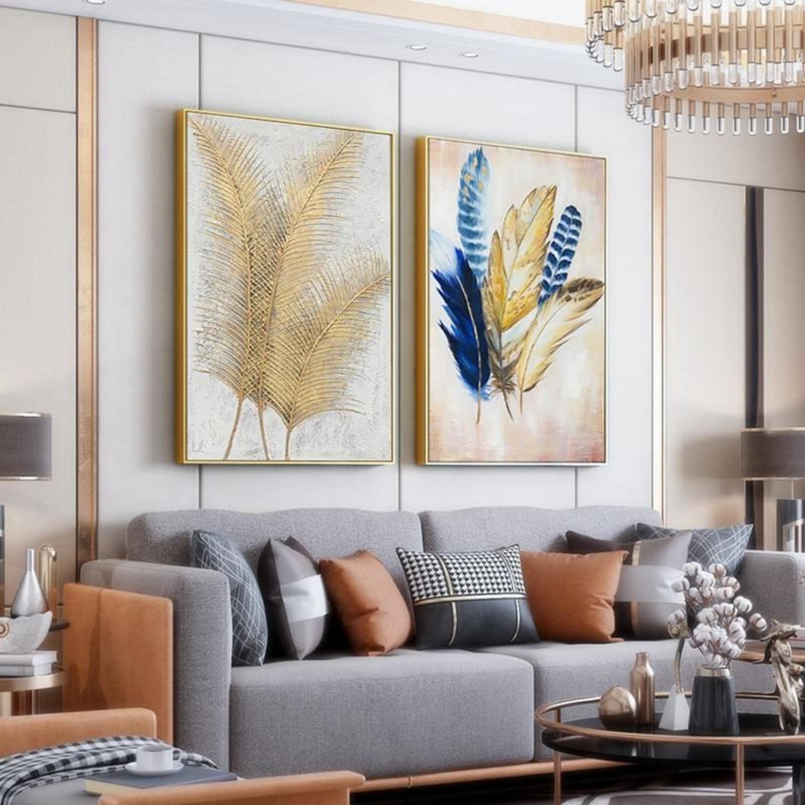 3-teiliges gerahmtes Wandbild auf Leinwand, Sofa, Hintergrund, Wanddekoration, Kunst, abstraktes Blatt, Wandbild, Wohnzimmer, zum Aufhängen, 40 x 50 cm x 3 golden gerahmt