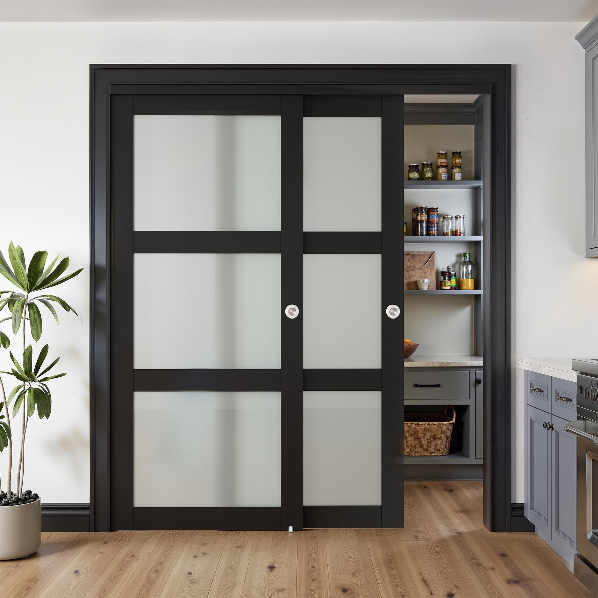 Photo 1 of *Missing pieces*COSHOMER Sliding Closet Door for 72" x 80" Opening, 3-Lite Frosted Glass MDF Barn Door with Hardware Kit Set, Door Panels Need to Assemble, Black