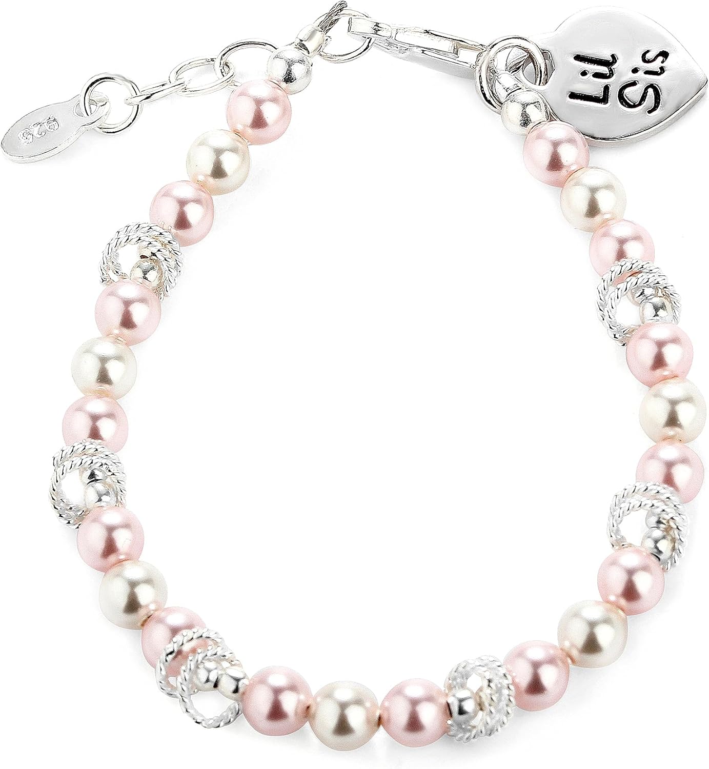 Precious Pieces Children's 925 Sterling Silver "Big Sis" or 'Lil Sis' Bracelet with Simulated Pink Pearls, Matching Sisters Jewelry