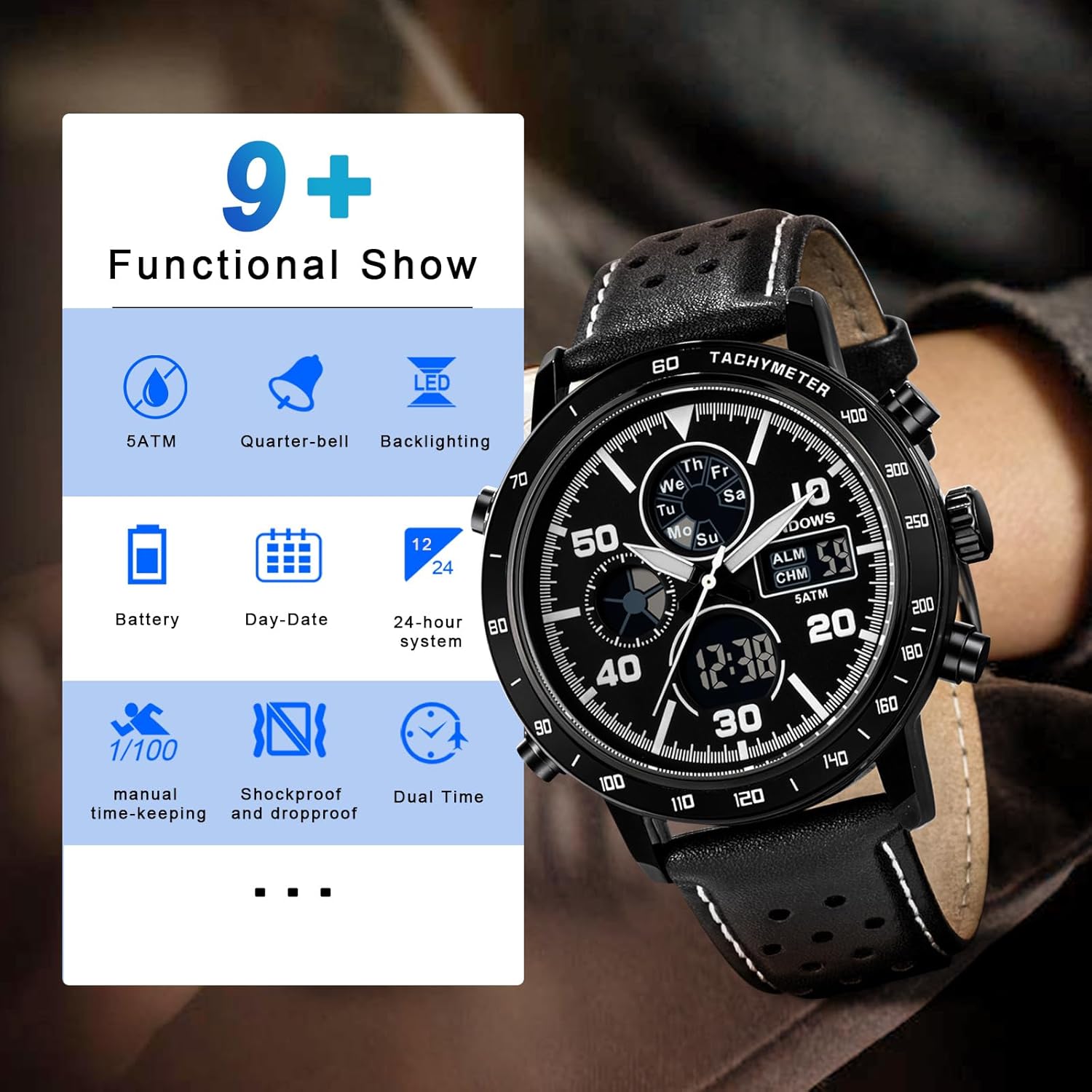 PINDOWS Watches for Men, 30M Waterproof Military Digital Analog Outdoor Sport Watch Multifunctional Wristwatch with Dual Time LED Backlight Alarm Stopwatch Calendar - Image 5