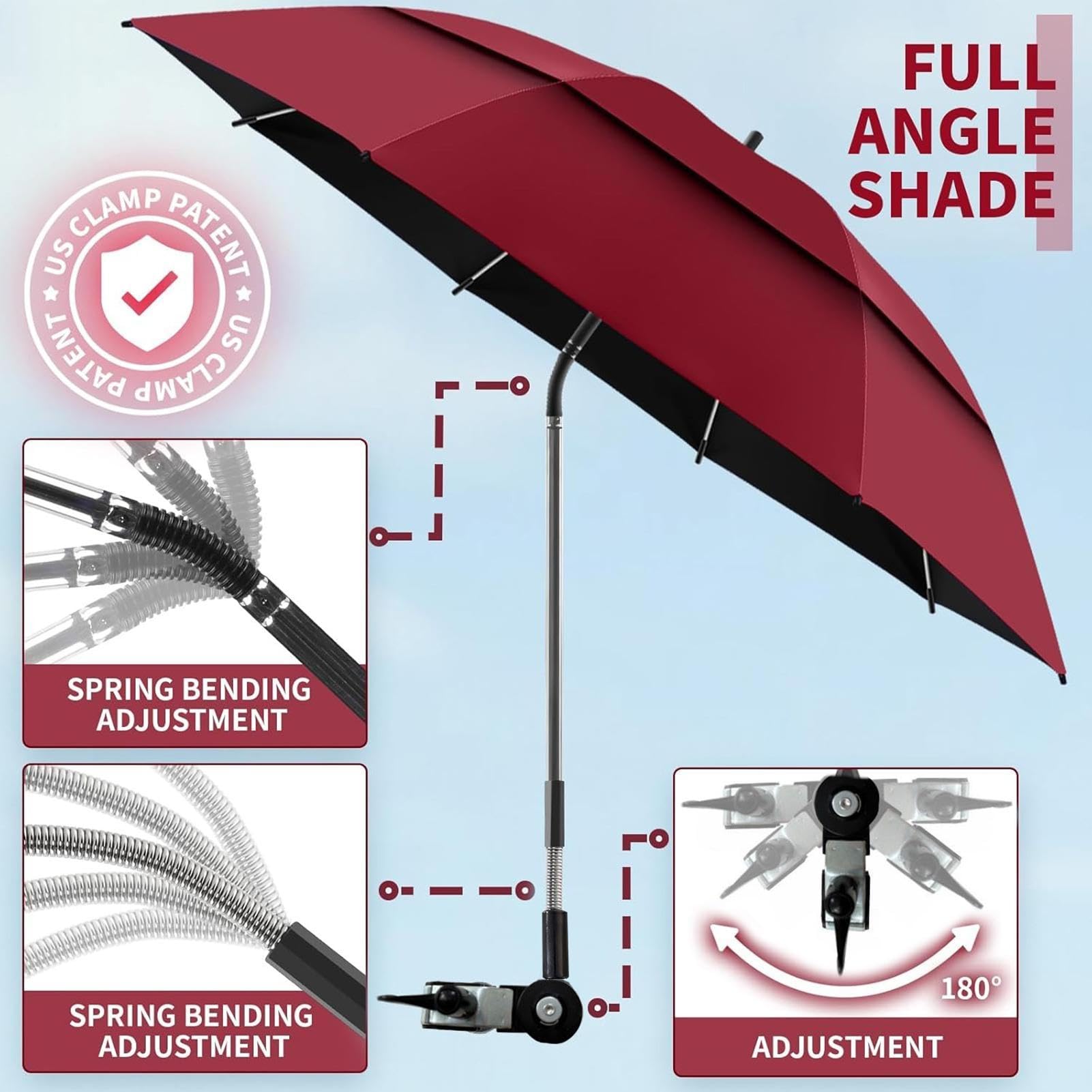 Parasol do krzesła z regulowanym podwójnym baldachimem zaciskowym | Parasol na plażę, wakacje, kemping, pikniki, wózek inwalidzki, wózki golfowe