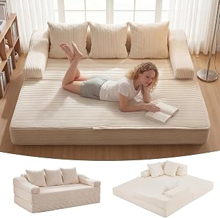 APICIZON Schlafsofa 200cm Breit, Boneless Couch mit Kissen, 3 Sitzer Sofa Bed mit Schlaffunktion, Bodensofa Klappbare Matratze für Wohnzimmer, Schlafzimmer, Gästezimmer (Cord-Weiß, 200x176cm)